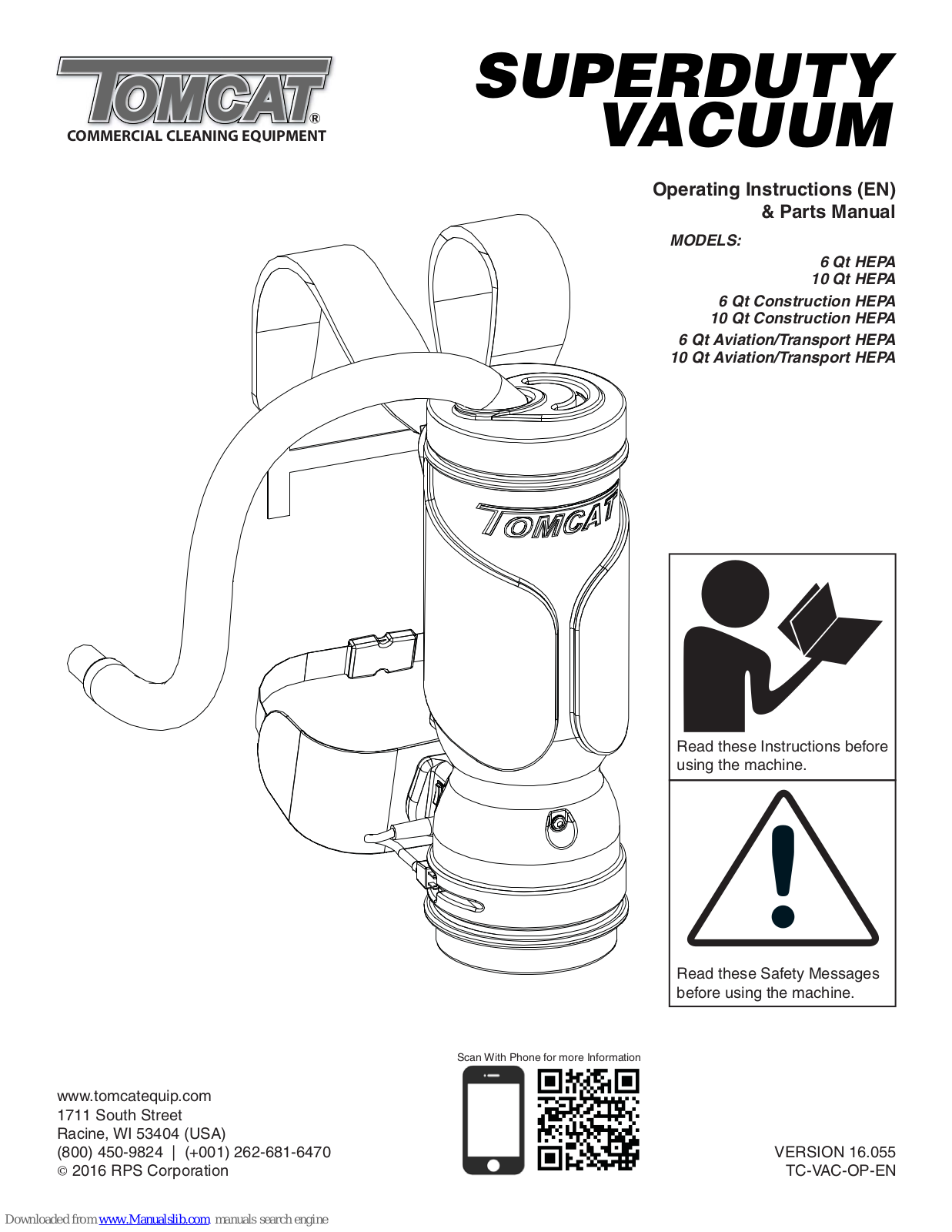 Tomcat 6 Qt HEPA, 6 Qt Construction HEPA, 10 Qt HEPA, 10 Qt Construction HEPA, 6 Qt Aviation/Transport HEPA Operating Instructions Manual