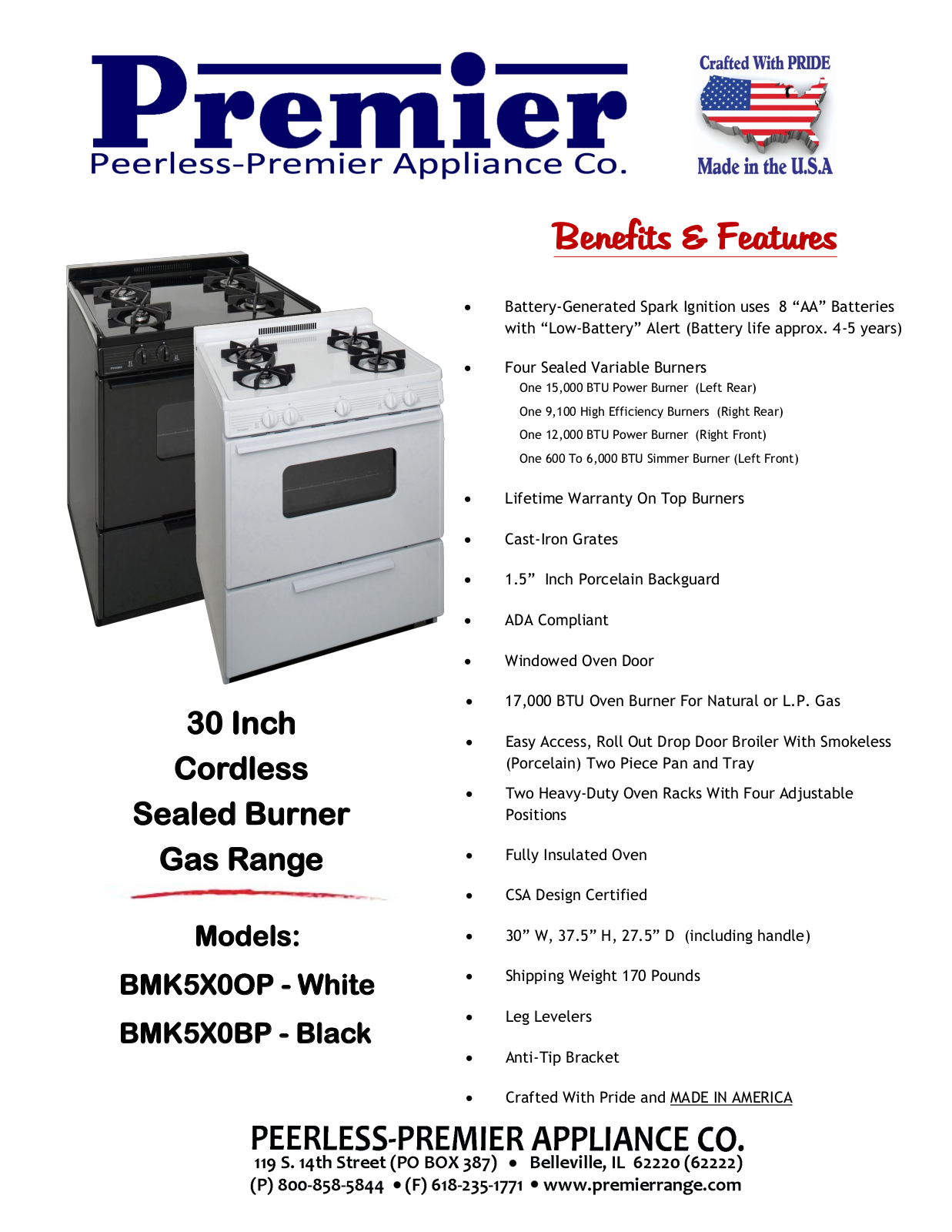 Premier BMK5X0BP Specification Sheet - ManualMachine.com