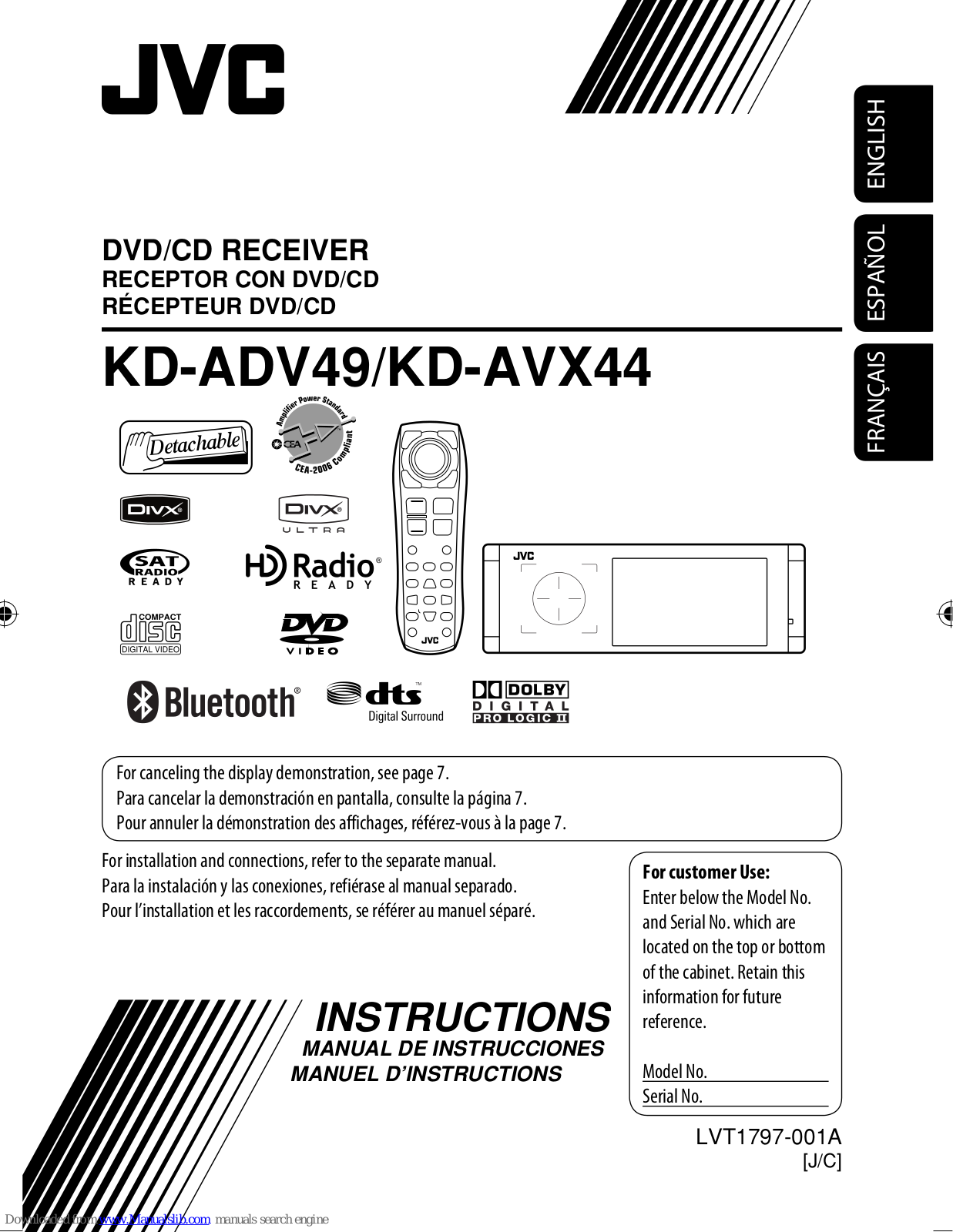 JVC KD-AVX44 - DVD Player With LCD monitor, KD-ADV49 Instructions Manual