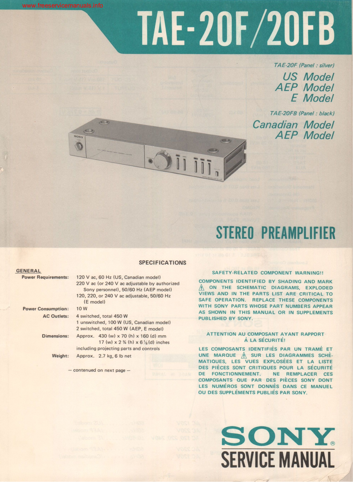 SONY TAE-20F, TAE-20FB Service Manual