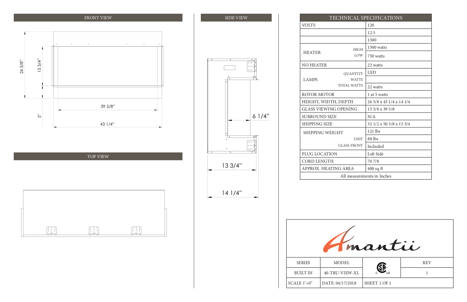 Amantii 40-TRU-VIEW-XL Specifications Sheet