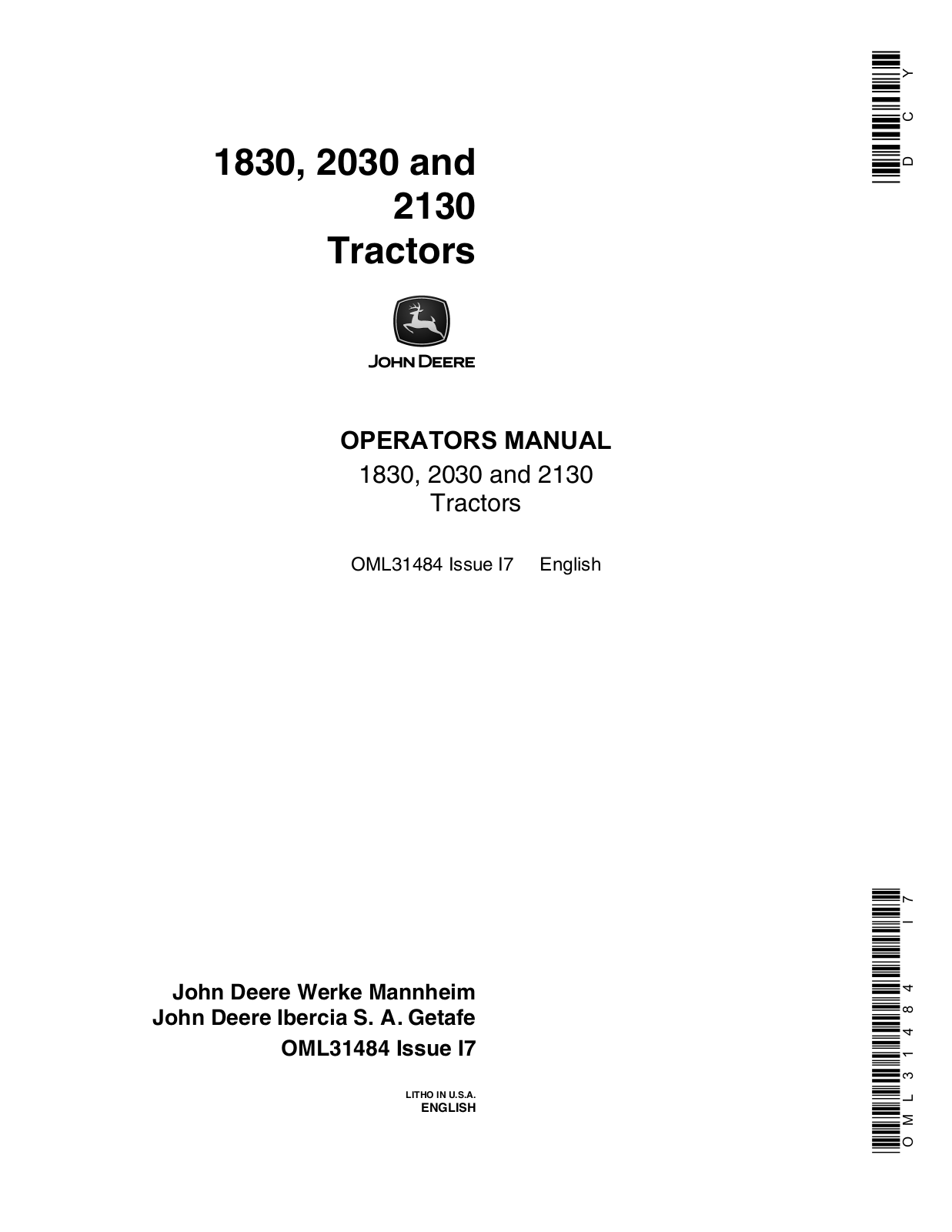 John Deere 1830, 2030, 2130 Operators Manual