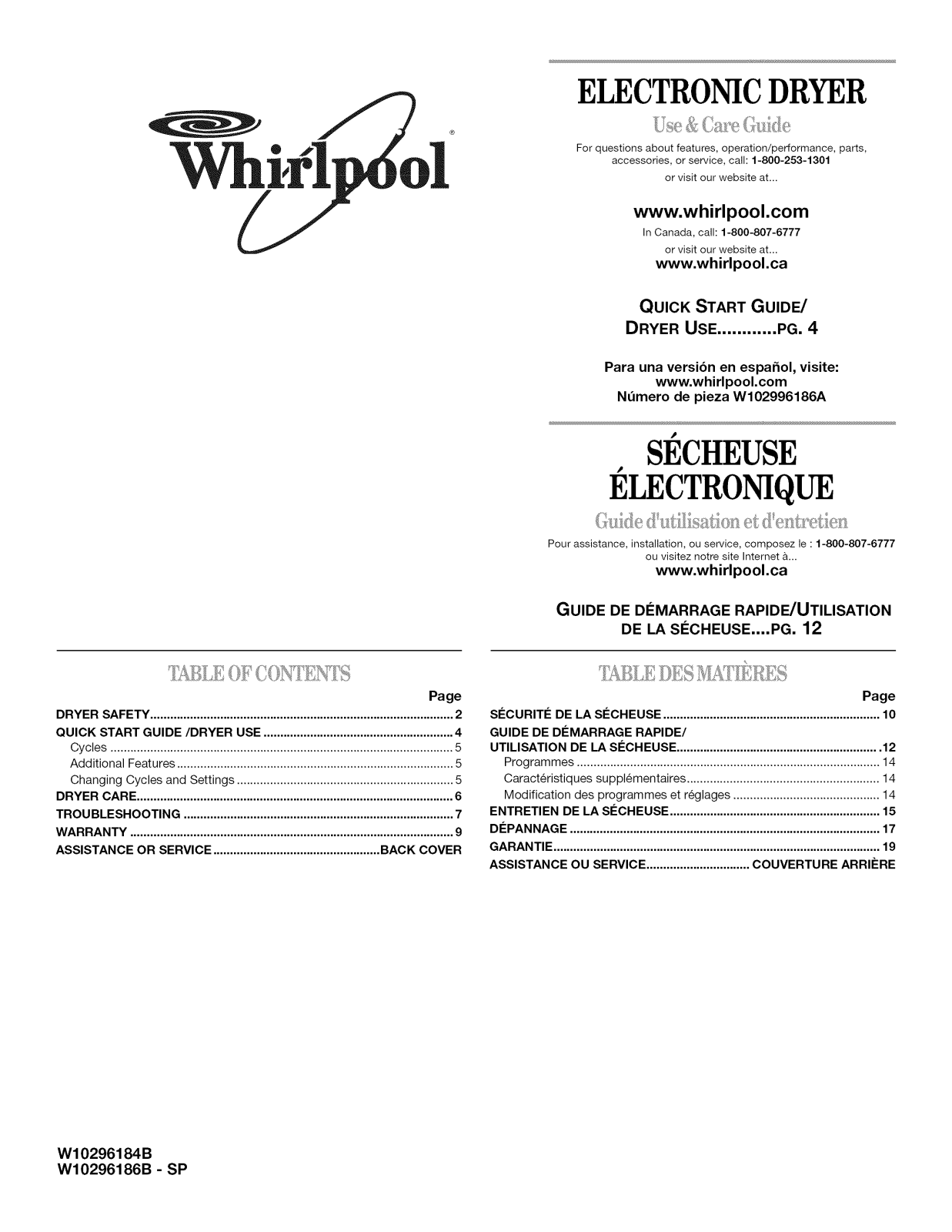 Whirlpool WGD9051YW3, WGD9051YW2, WGD9051YW0, WGD9050XW3, WGD9050XW2 Owner’s Manual