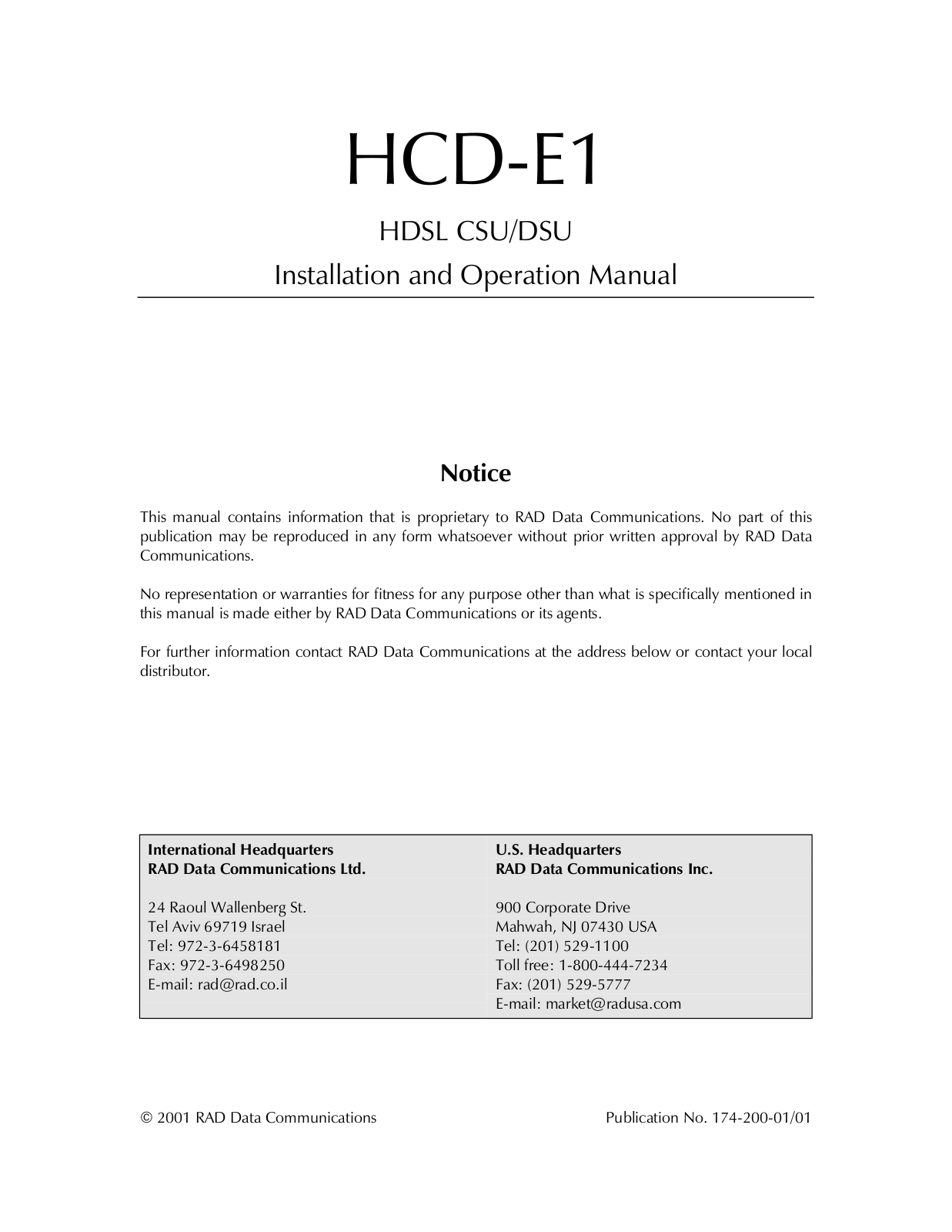 RAD Data comm HCD-E1 User Manual