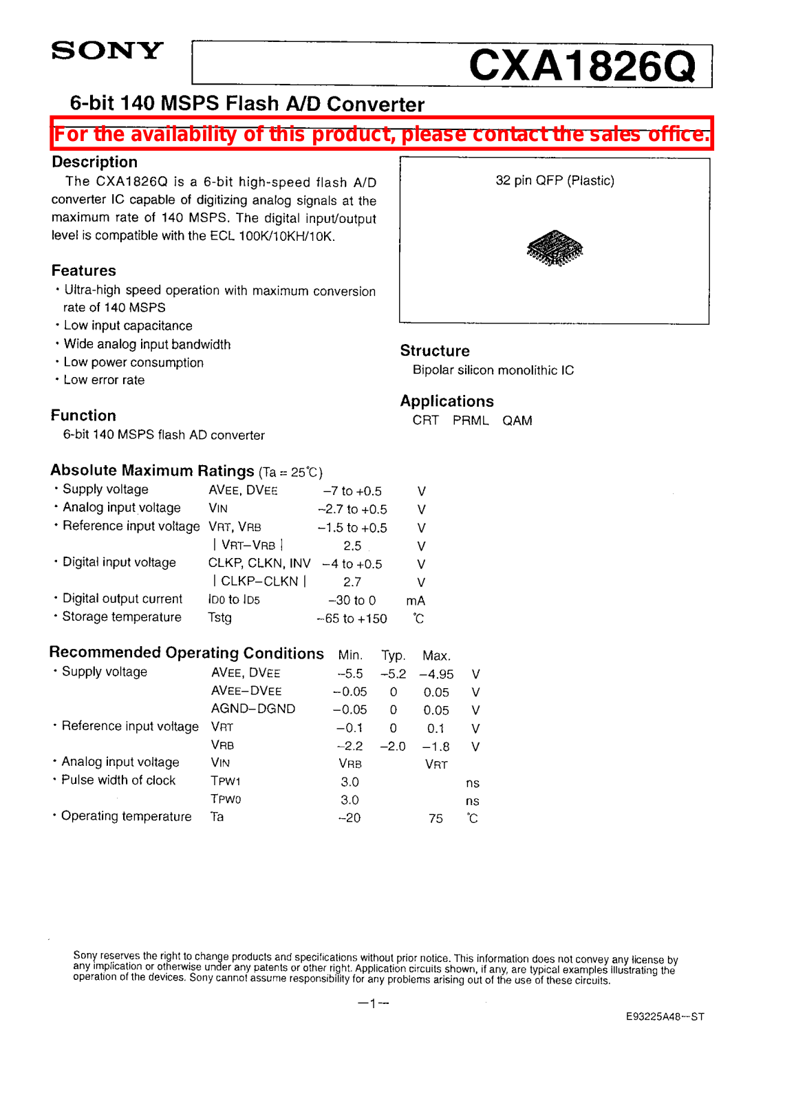 Sony CXA1826Q Datasheet