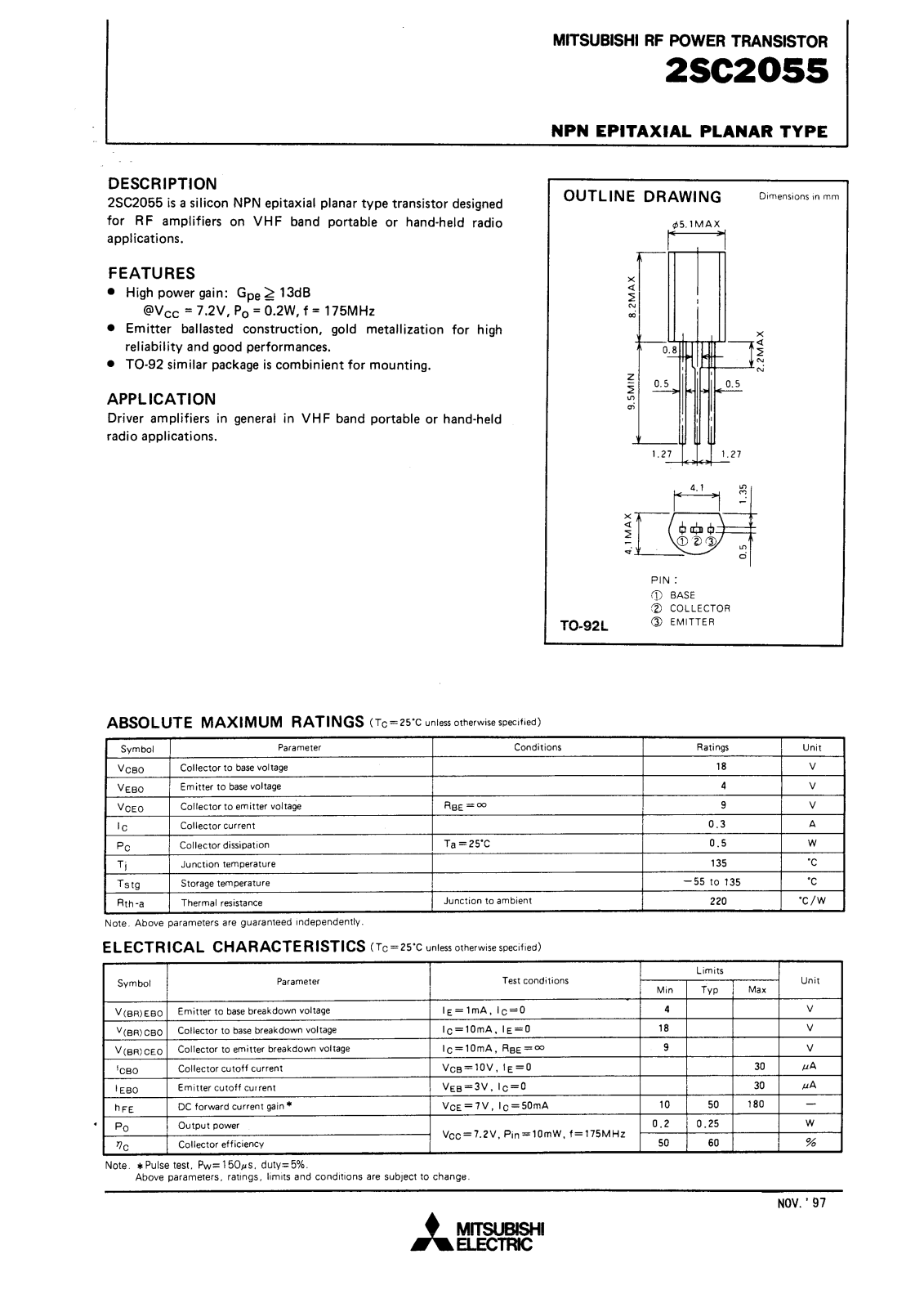 Mitsubishi Electric Corporation Semiconductor Group 2SC2055 Datasheet