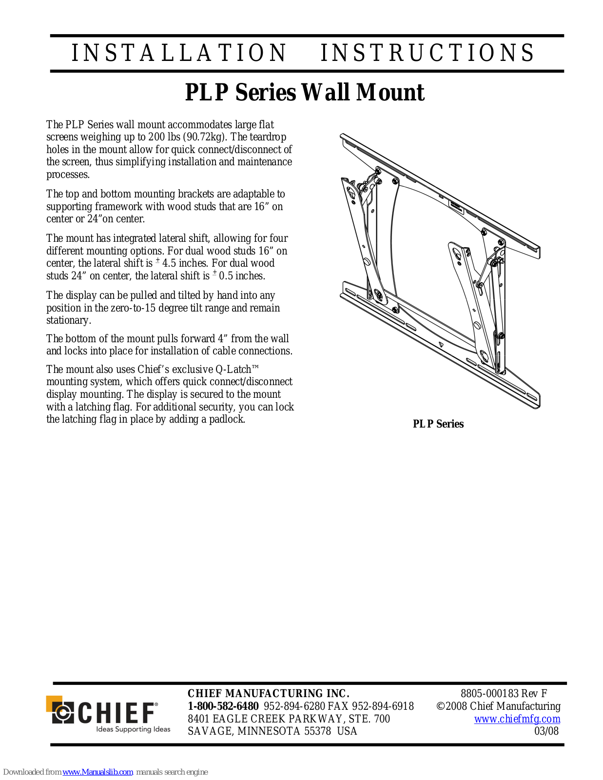 CHIEF Wall Mount PLP Series Installation Instructions Manual