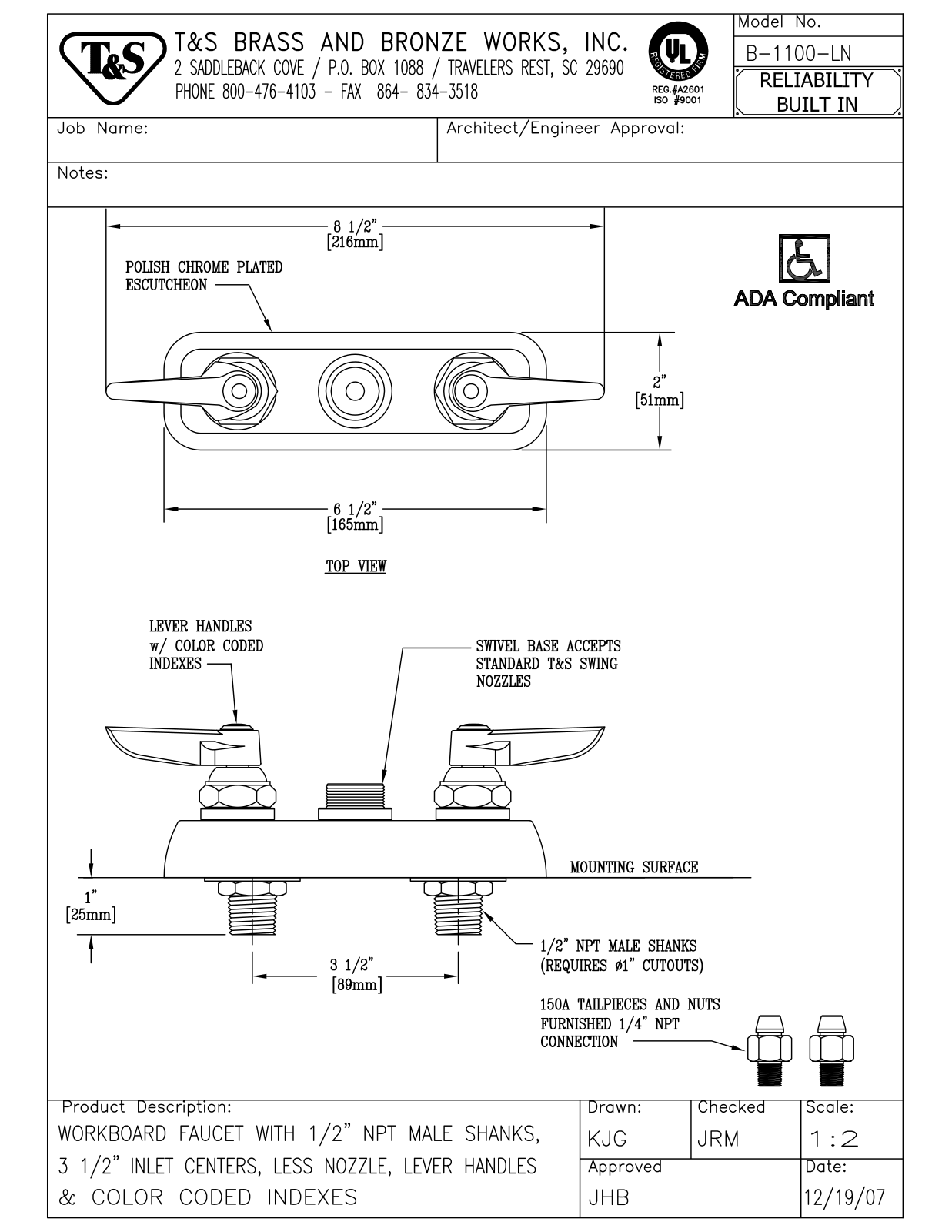 T & S Brass & Bronze Works B-1100-LN General Manual