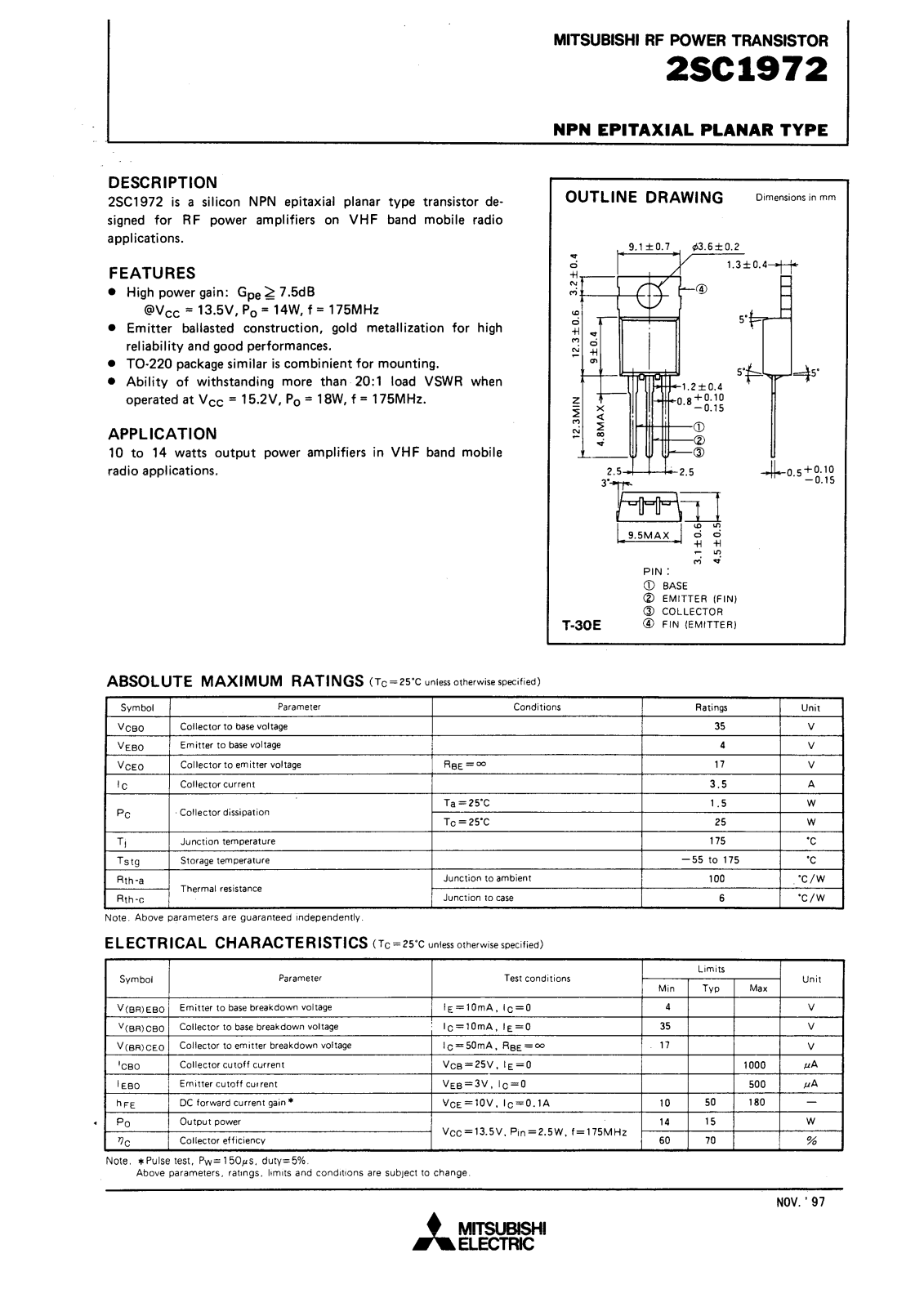 Mitsubishi Electric Corporation Semiconductor Group 2SC1972 Datasheet