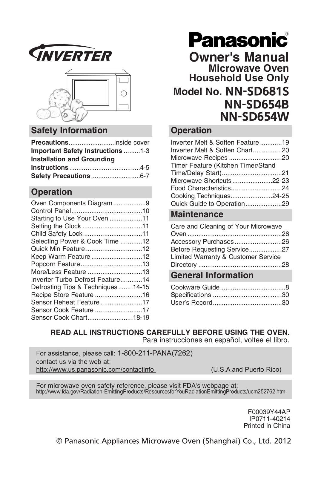 Panasonic NN-SD654B, NN-SD654W, NN-SD681S Owner Manual