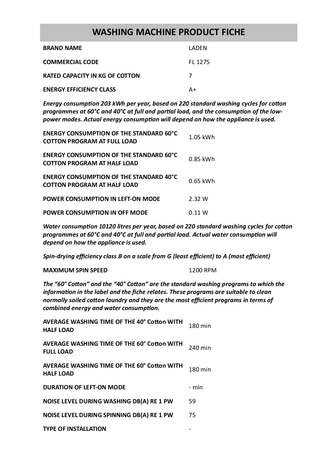 Whirlpool FL 1275 INSTRUCTION FOR USE