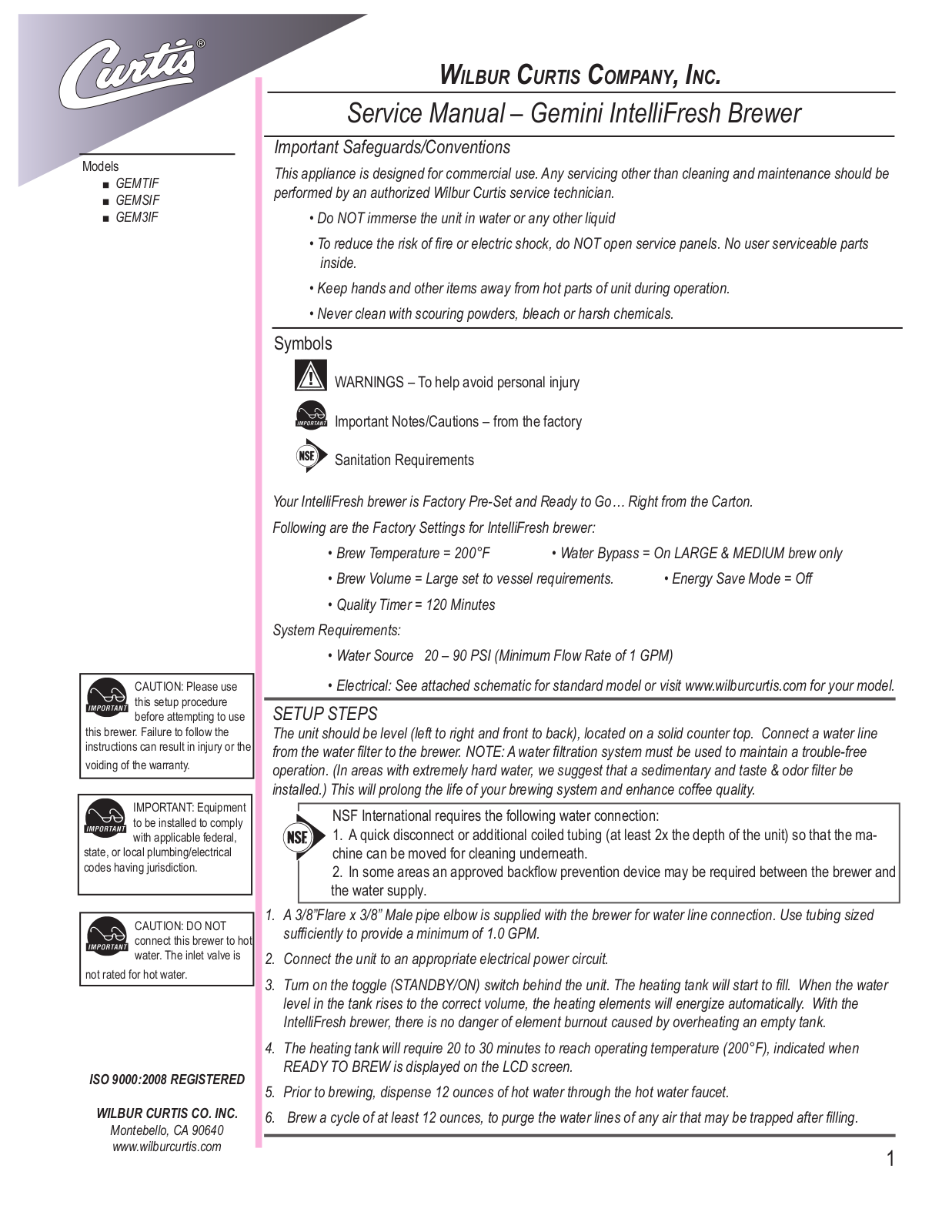 Wilbur Curtis GEM3F Service Manual