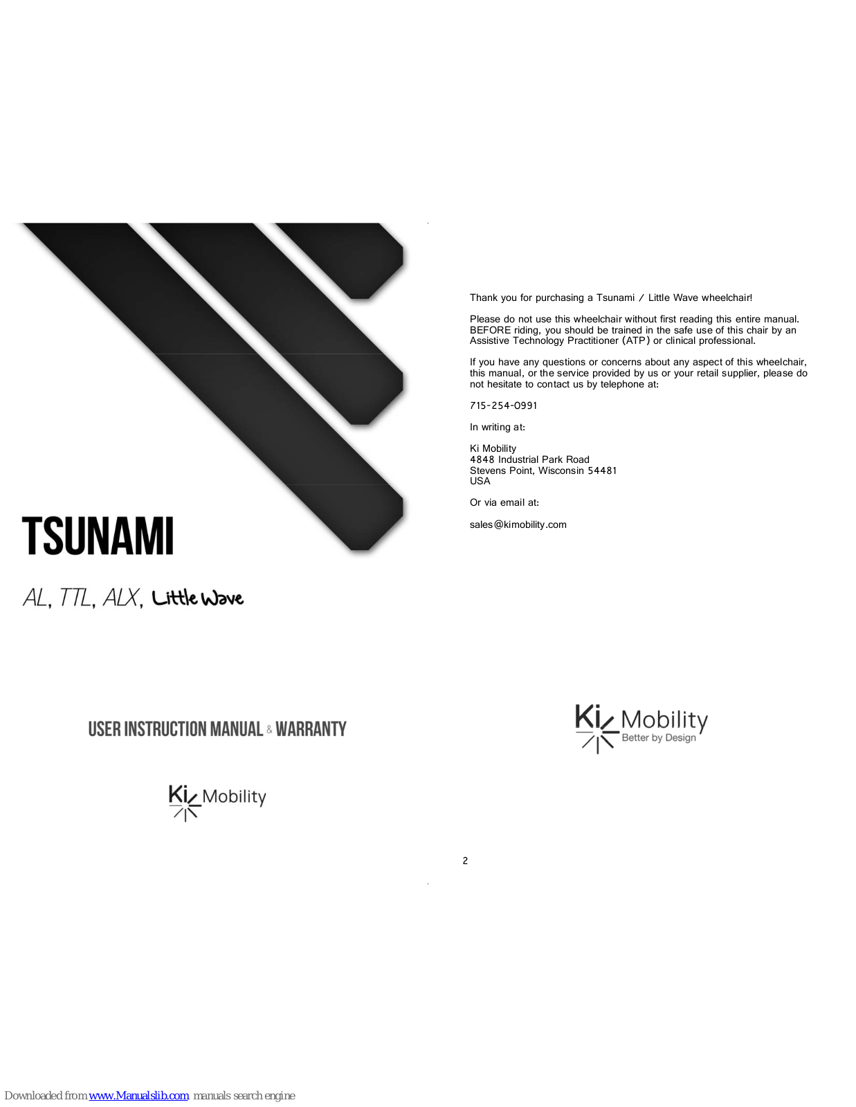 Ki Mobility Tsunami AL, Tsunami ALX, Tsunami TTL, Little Wave, Tsunami Little Wave User Instruction Manual