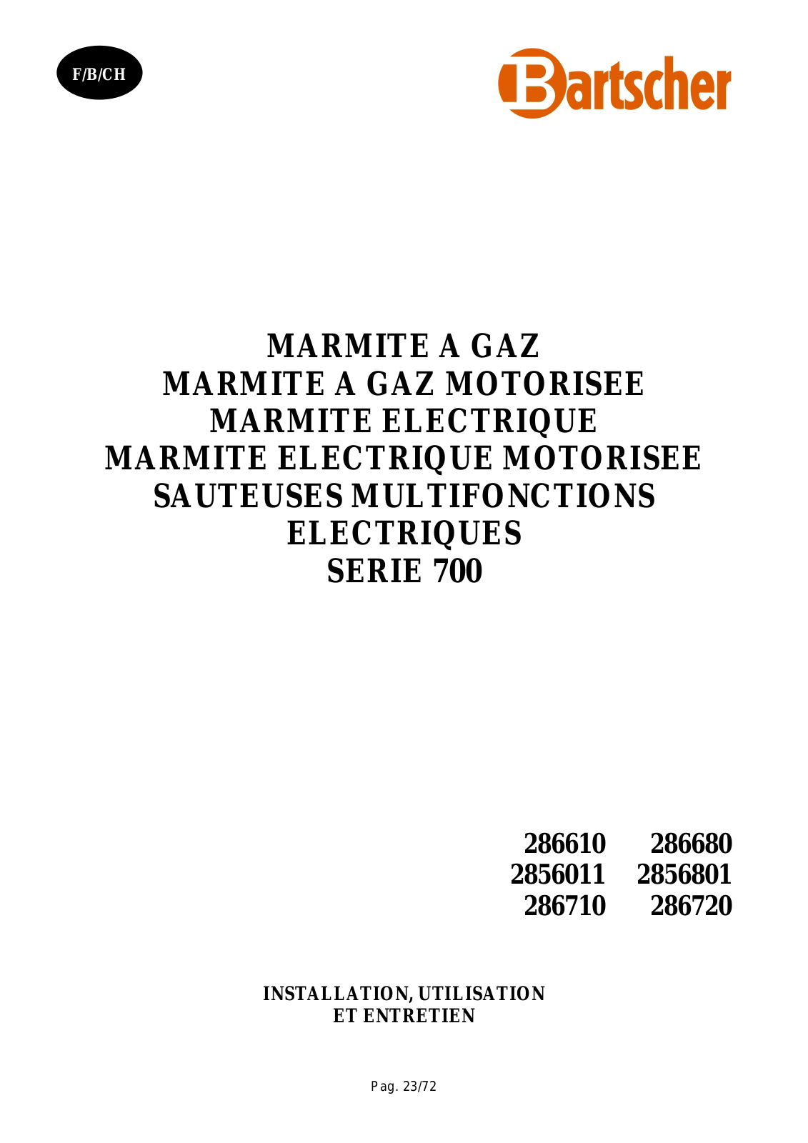 Bartscher 286610, 286680, 2856011, 286710, 2856801 Operating instructions
