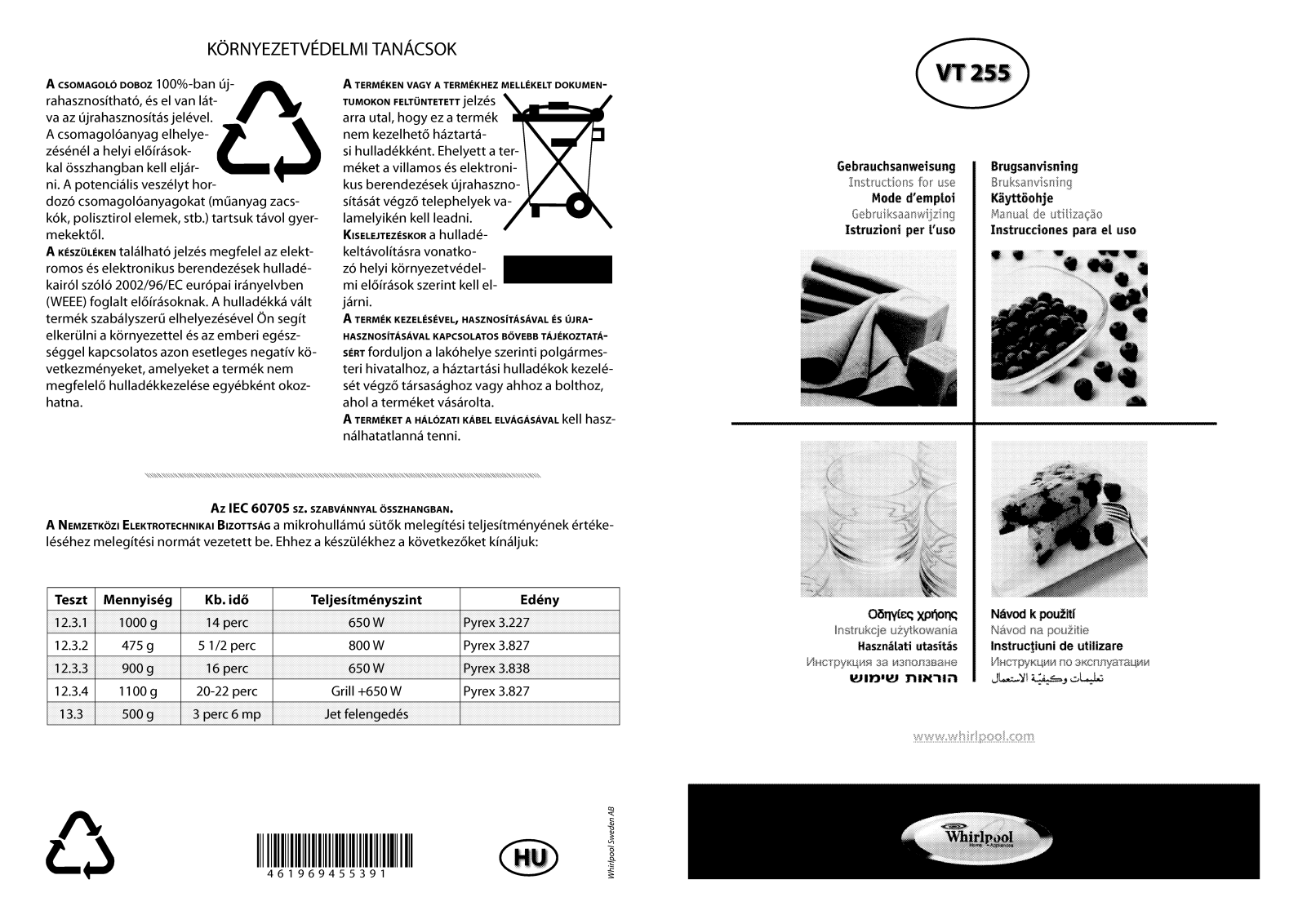 WHIRLPOOL VT255/SL User Manual