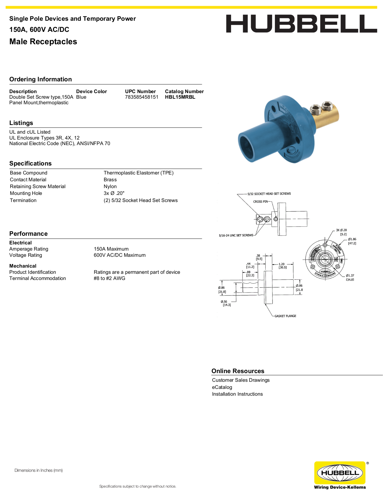 Hubbell HBL15MRBL Specifications - ManualMachine.com