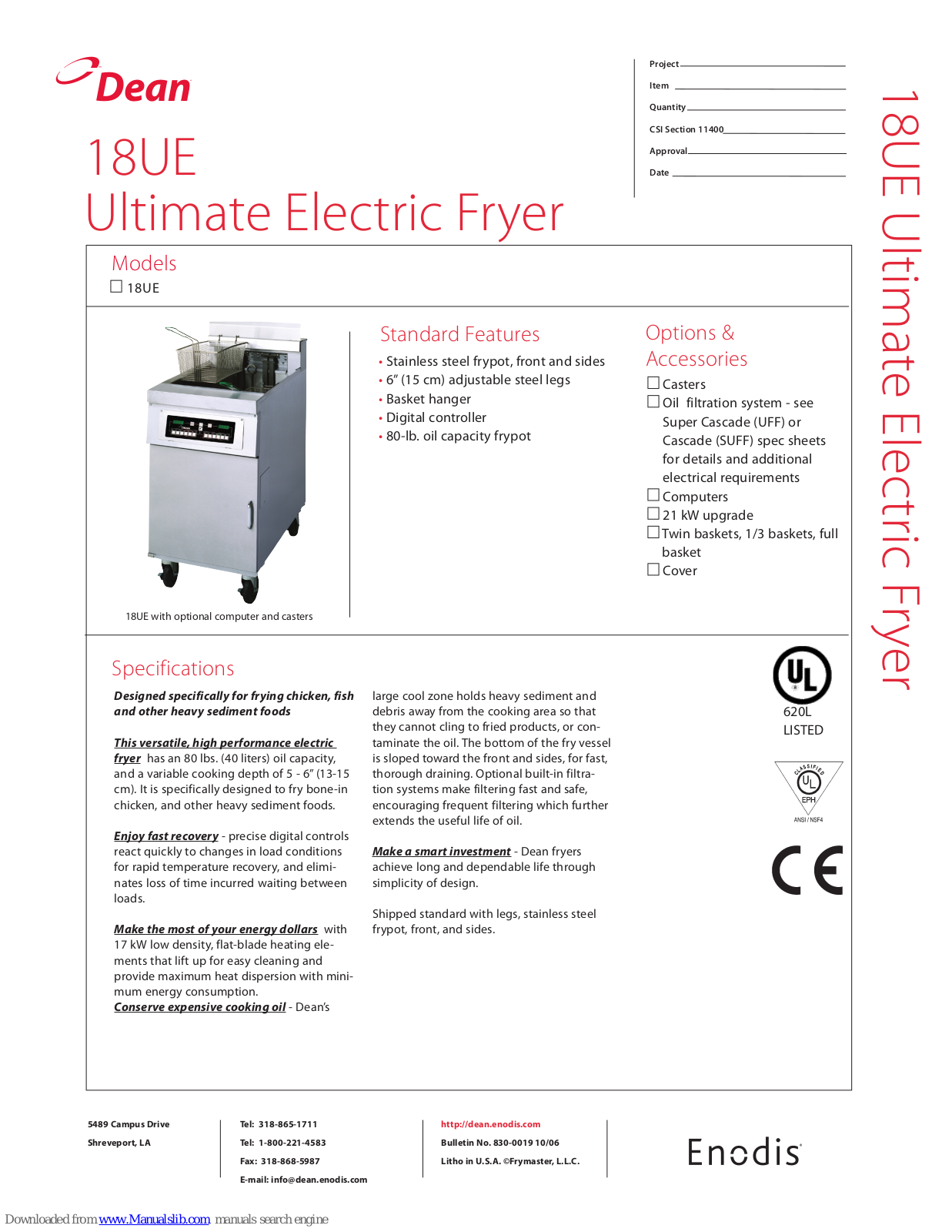 Dean 18UE Specification Sheet - ManualMachine.com