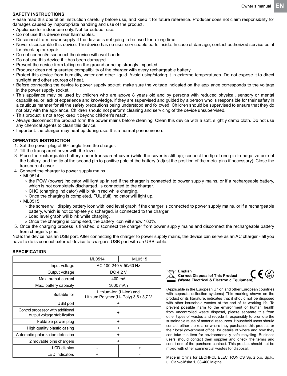 Lechpol ML0514, ML0515 Owner's Manual