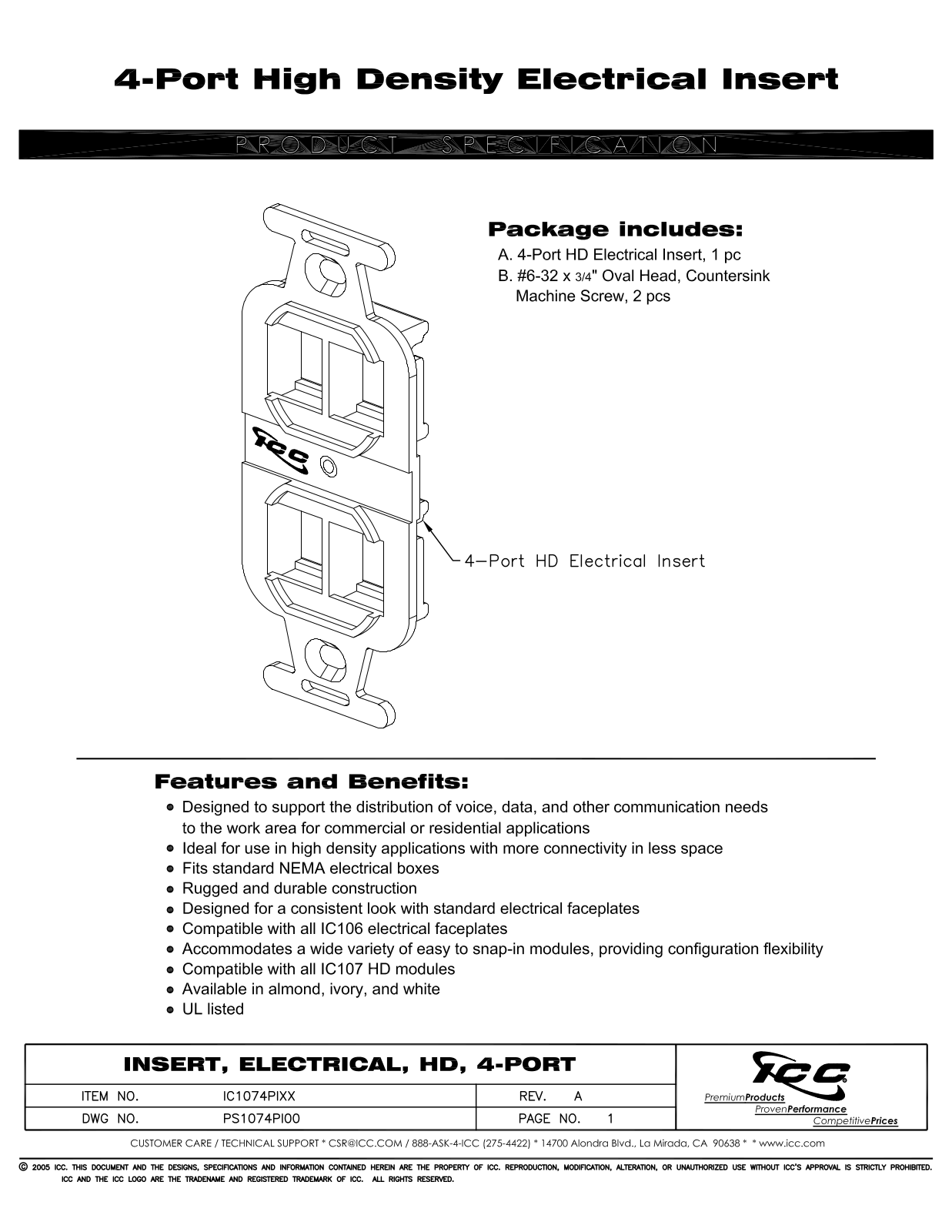 ICC IC1074PIAL, IC1074PIIV, IC1074PIWH Specsheet