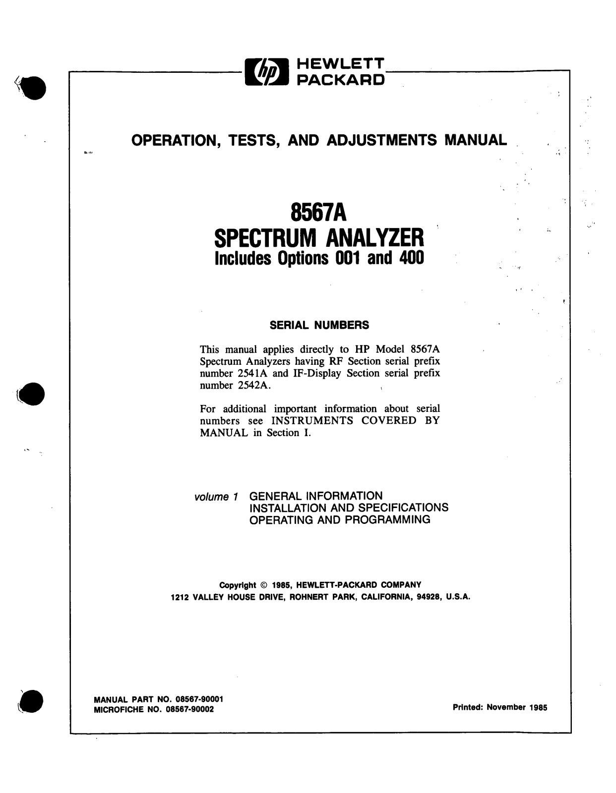 HP (Hewlett-Packard) 8567A User Manual