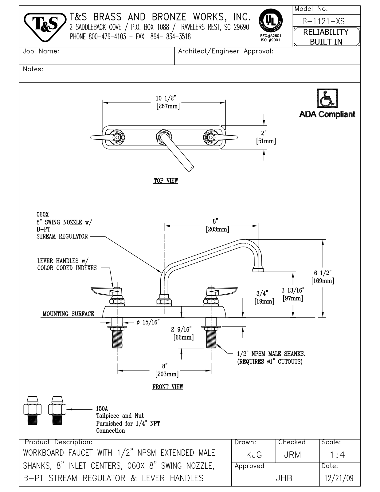 T & S Brass & Bronze Works B-1121-XS General Manual