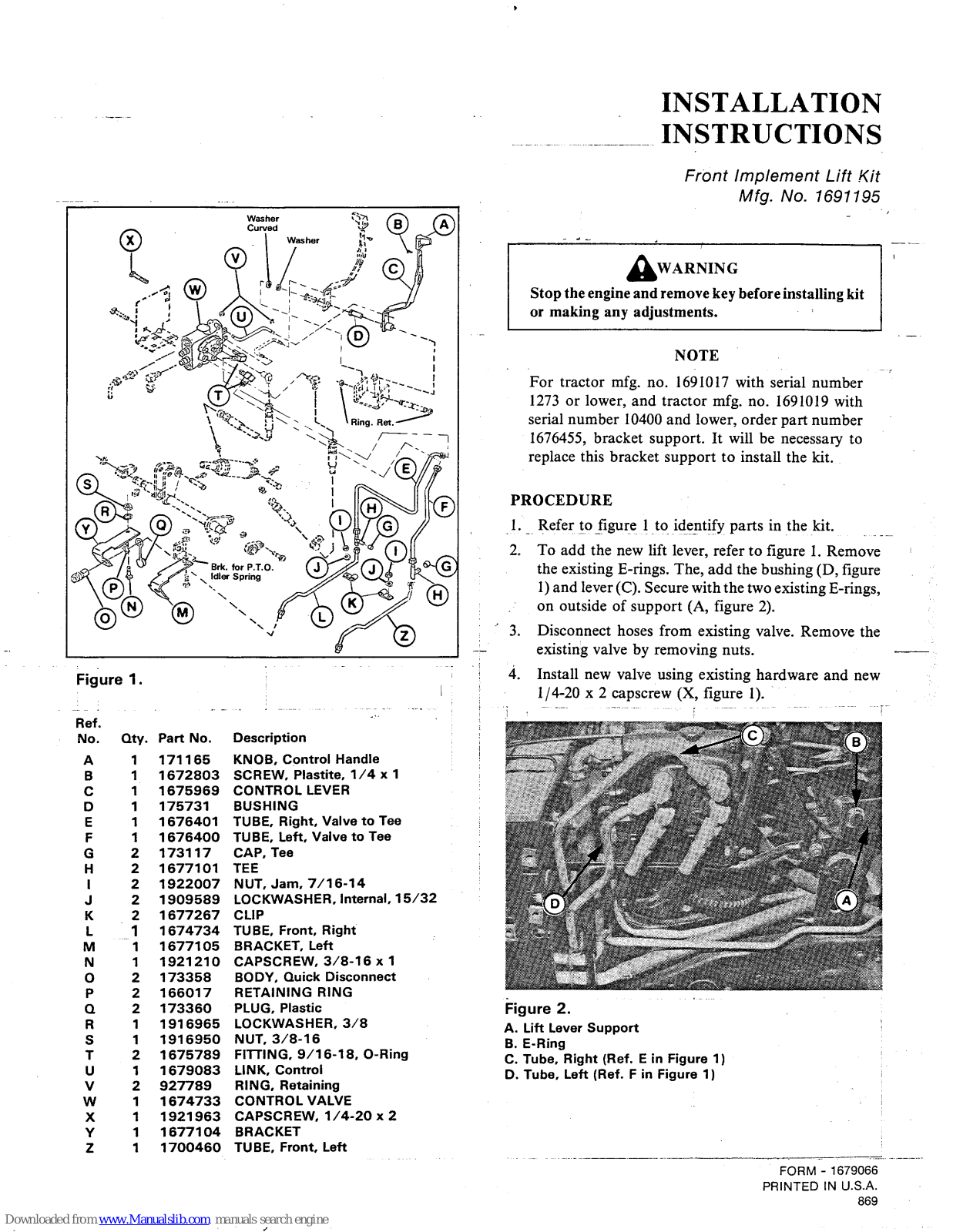 Snapper Front Implement Lift Kit 1691195, 1691195 Installation Instructions Manual