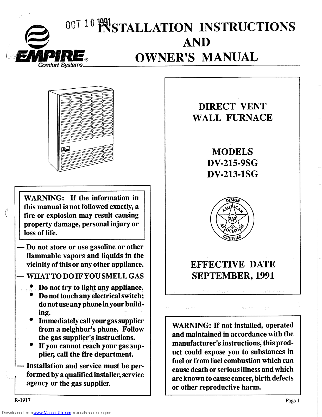 Empire Comfort Systems DV-215-9SG, DV-213-1SG Installation Instructions And Owner's Manual