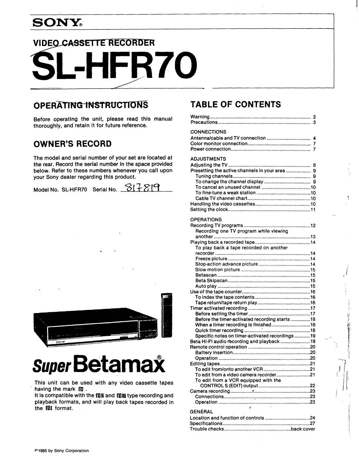 Sony SL-HFR70 User Manual