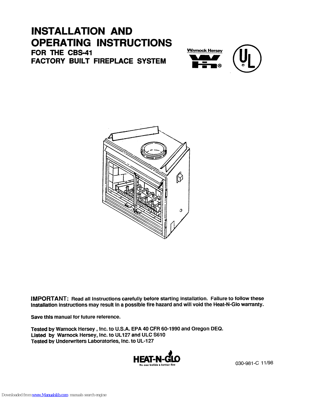 Heat-N-Glo CBS-41 Installation And Operating Instructions Manual