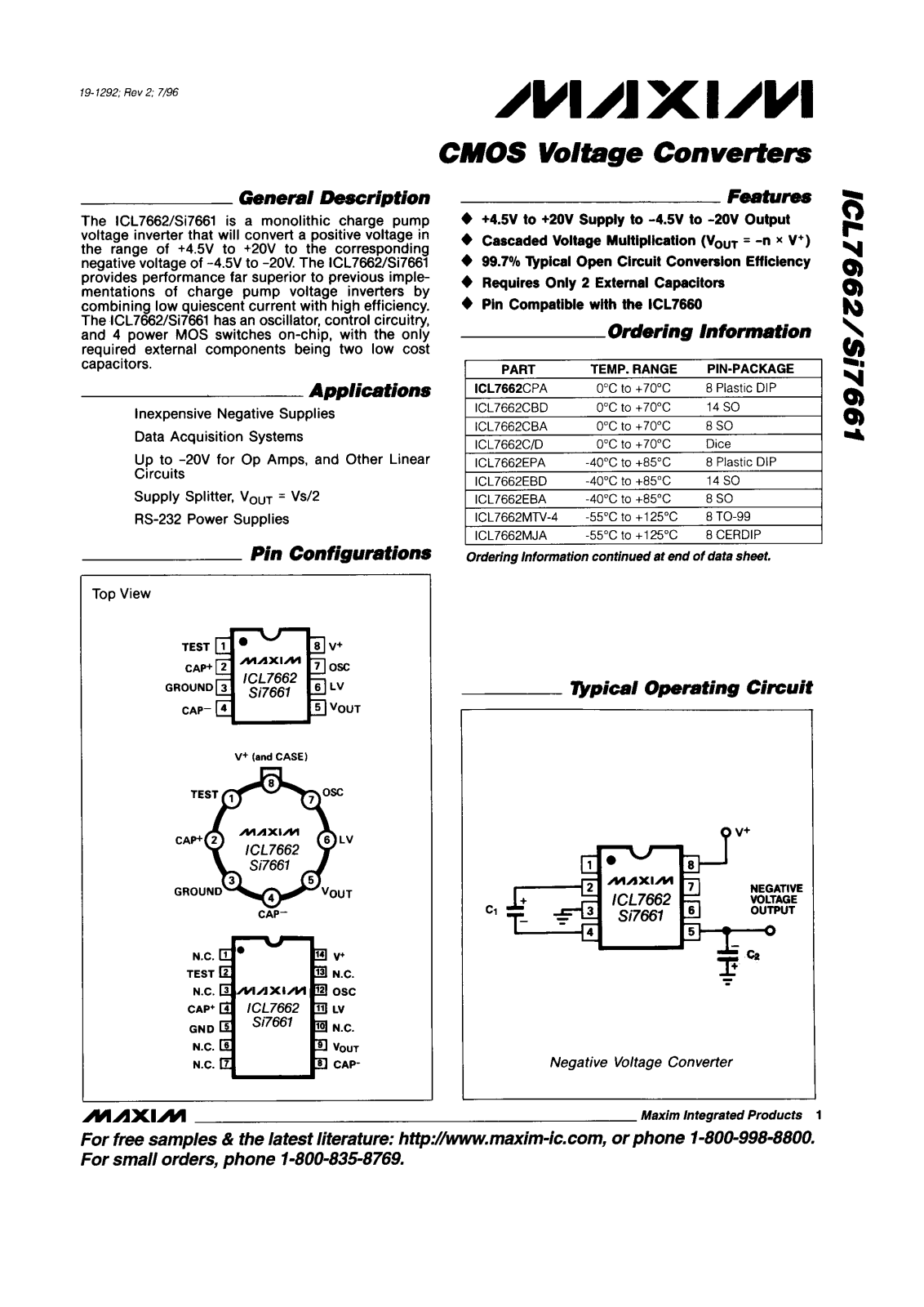 Maxim Integrated Producs ICL7662CBA, ICL7662CBD, ICL7662CPA, ICL7662EBA, ICL7662EBD Datasheet