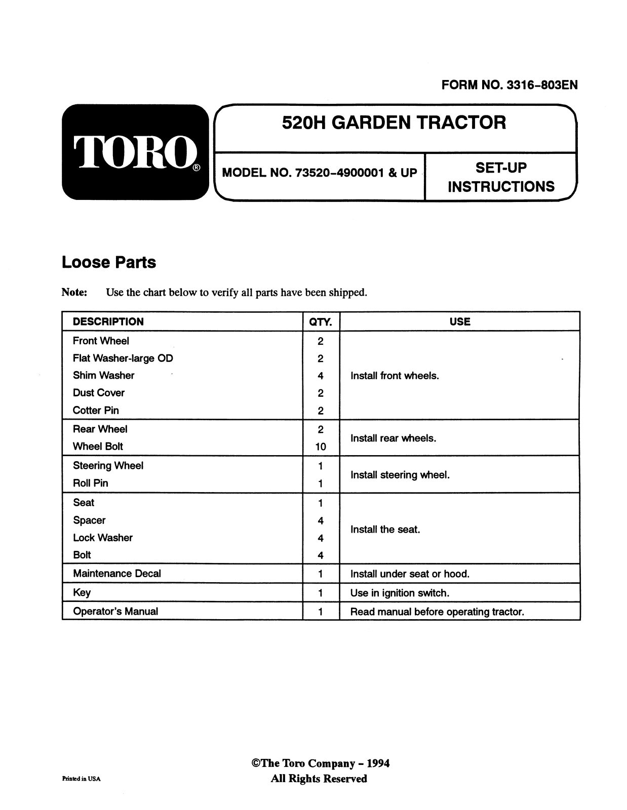 Toro 73520 Setup Instructions