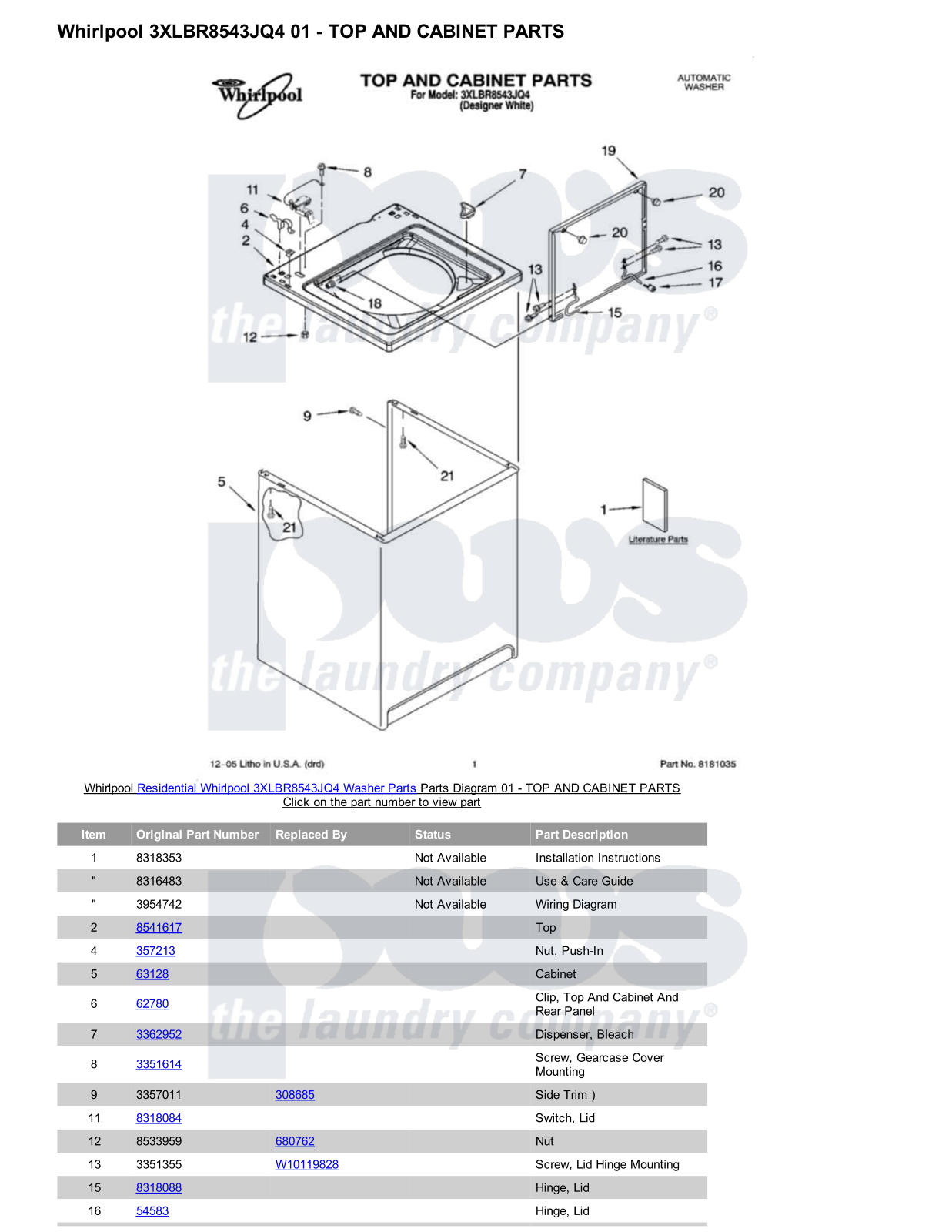 Whirlpool 3XLBR8543JQ4 Parts Diagram