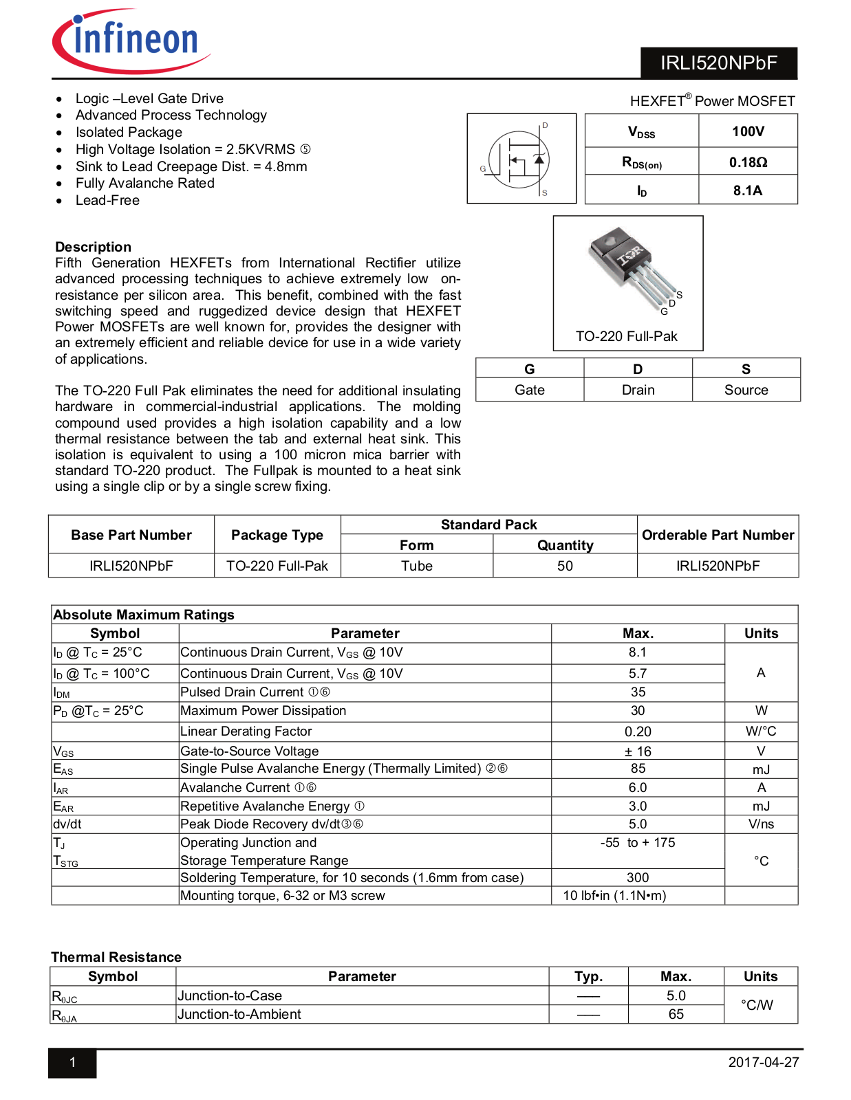 Datasheet IRLI520NPBF Datasheet - ManualMachine.com
