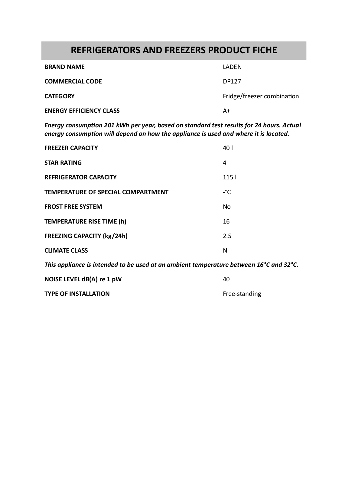 Whirlpool PRFIF 201 A, GKEA 215 OPTIMA, DP127 Product Sheet