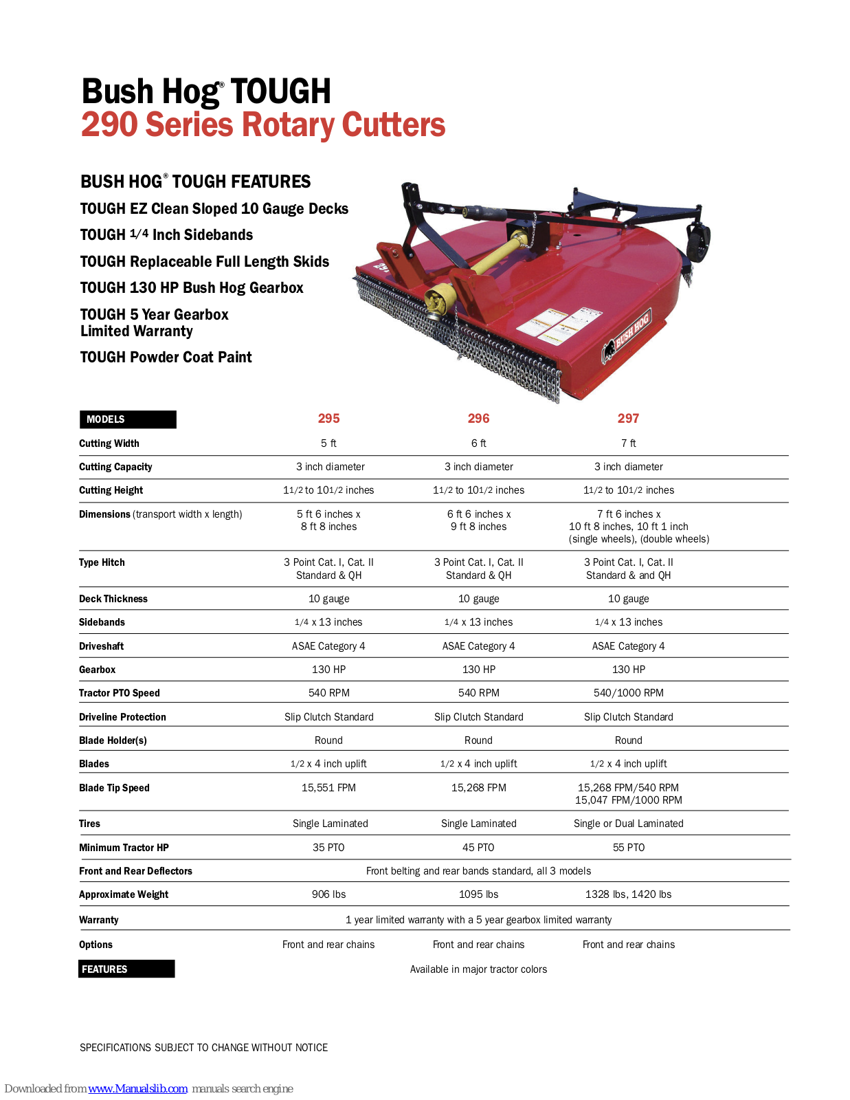 Bush Hog 290 Series, 295, 296, 297, TOUGH 295 Specification Sheet