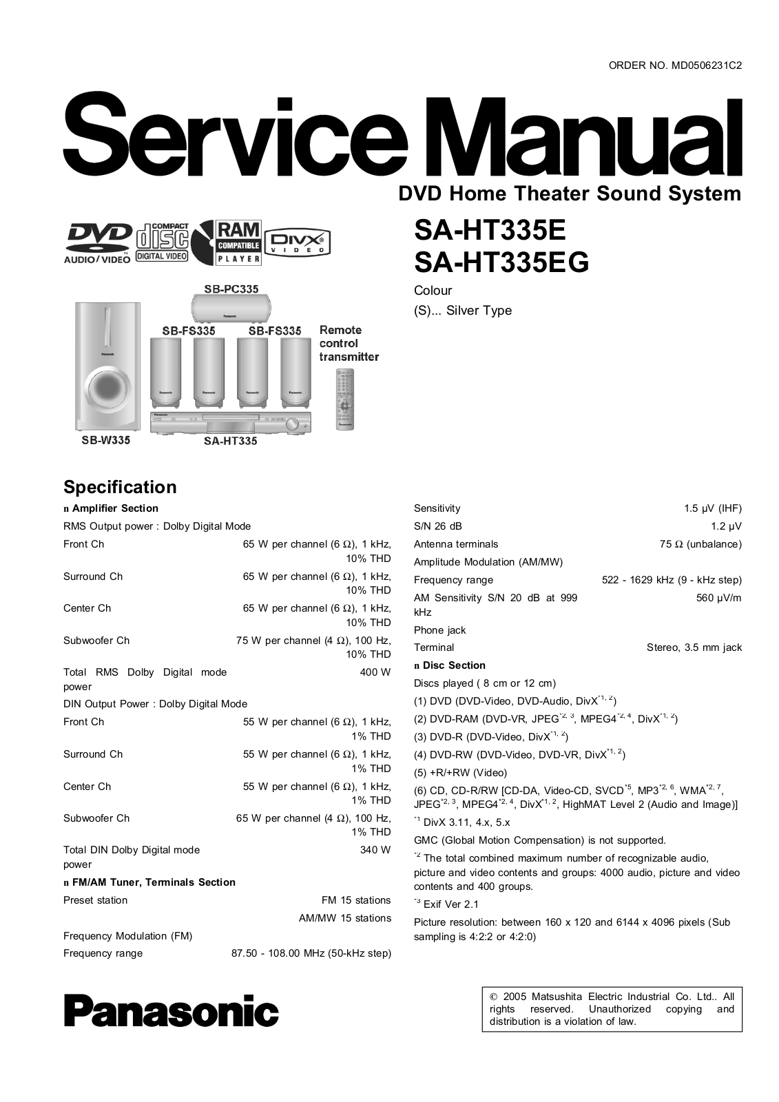 Panasonic SA-HT335E, SA-HT335EG Service Manual