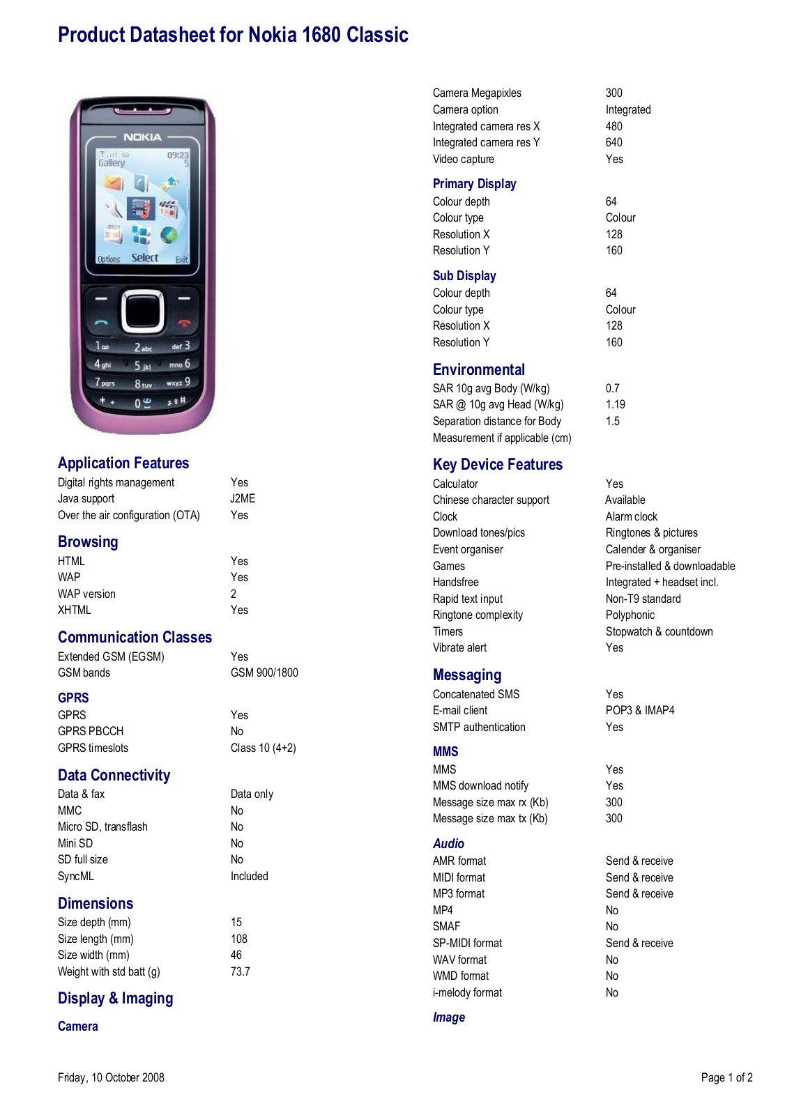 Nokia 1680 CLASSIC DATASHEET