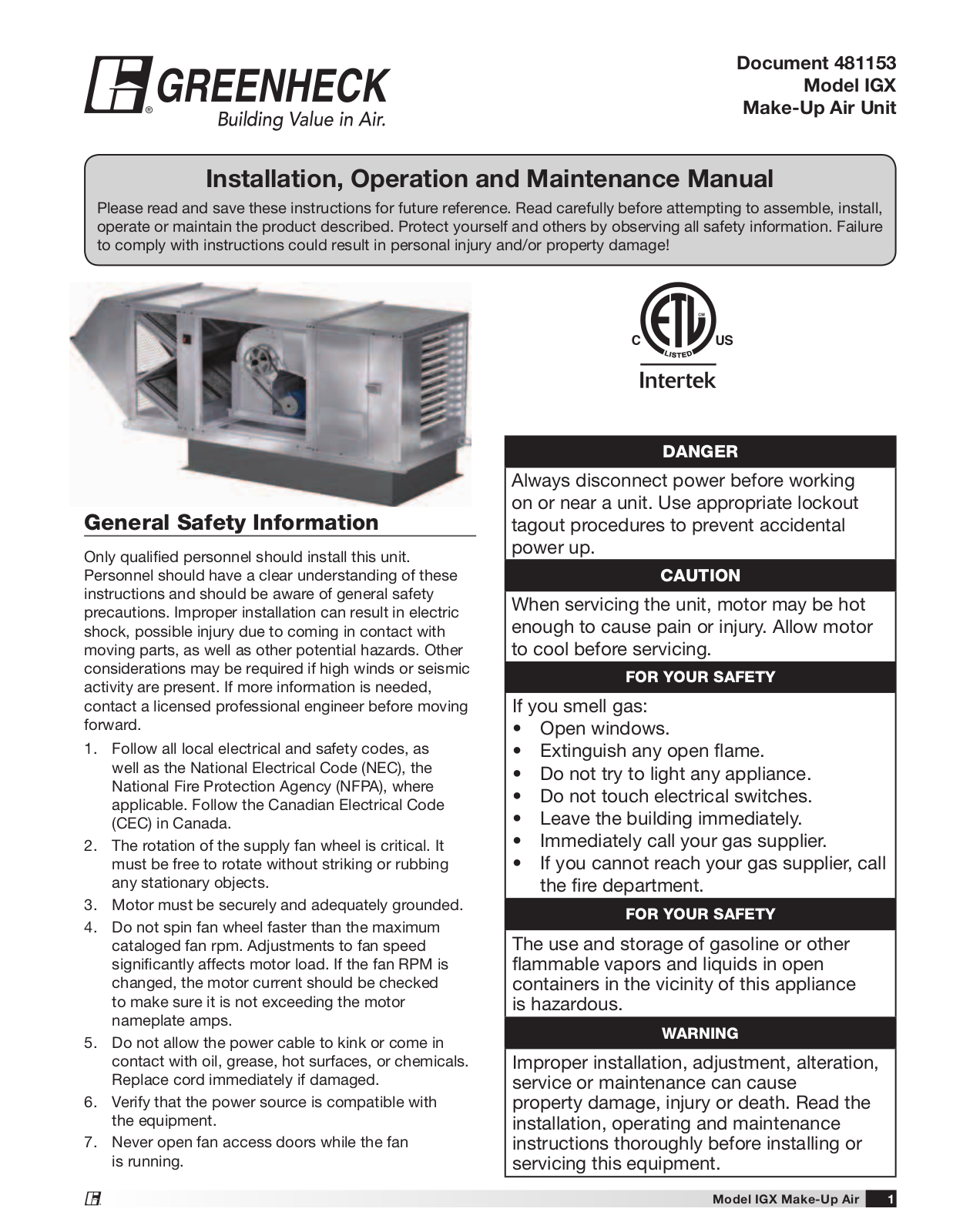 Greenheck IGX Series, IG-HV Series, IGX-HV Series Installation, Operation And Maintenance Manual - ManualMachine.com