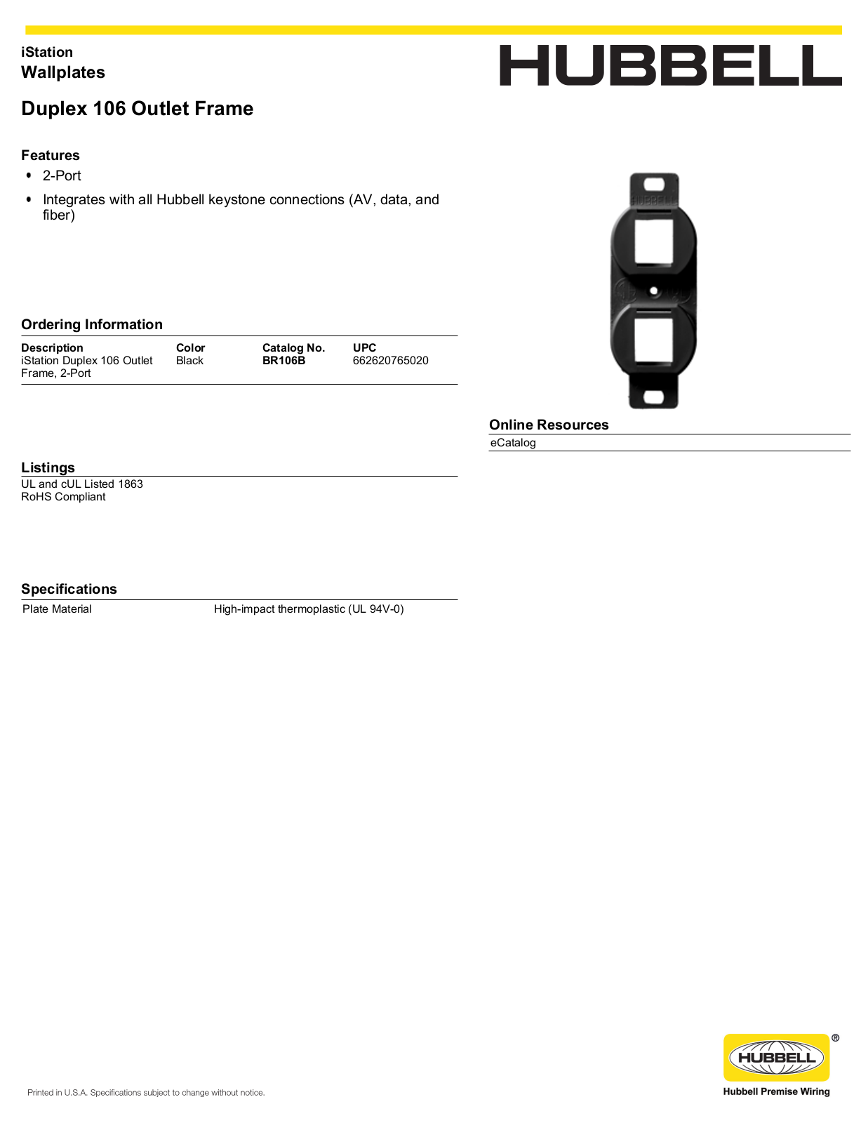 Hubbell BR106B Specifications