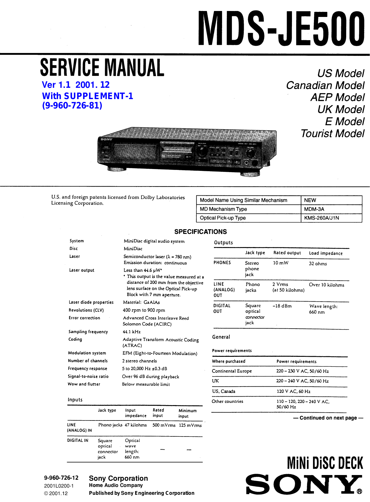 Sony MDSJE-500 Service manual