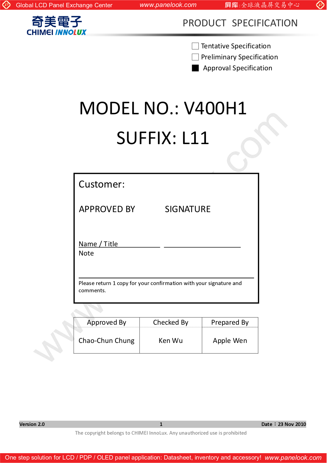 CHIMEI INNOLUX V400H1-L11 Specification