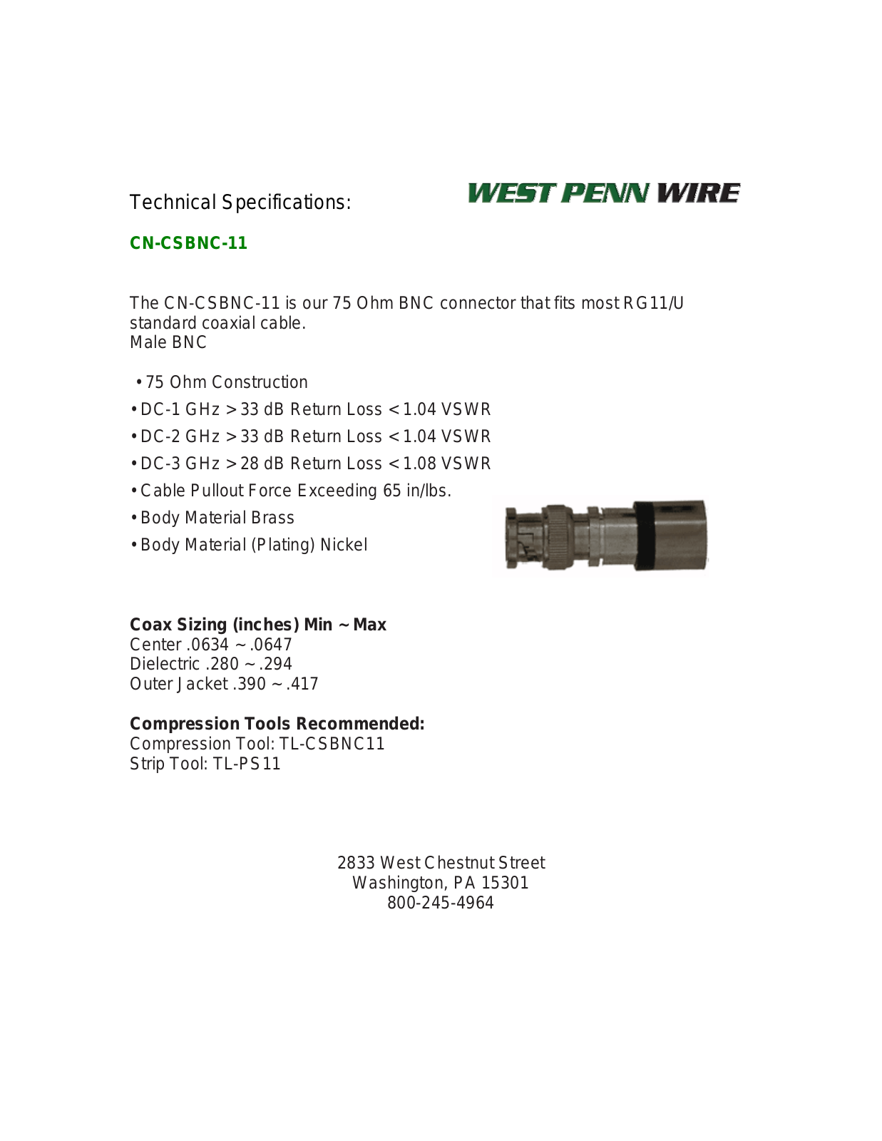 West Penn CN-CSBNC-11 Specsheet