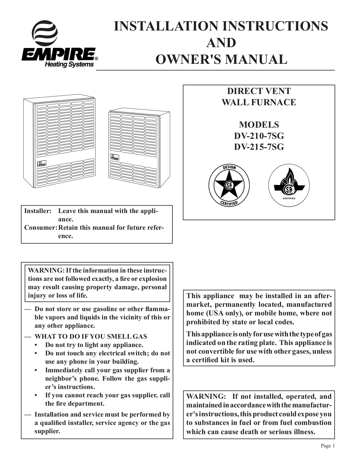 Empire Dv-215-7sg, Dv-210-sg Owner's Manual