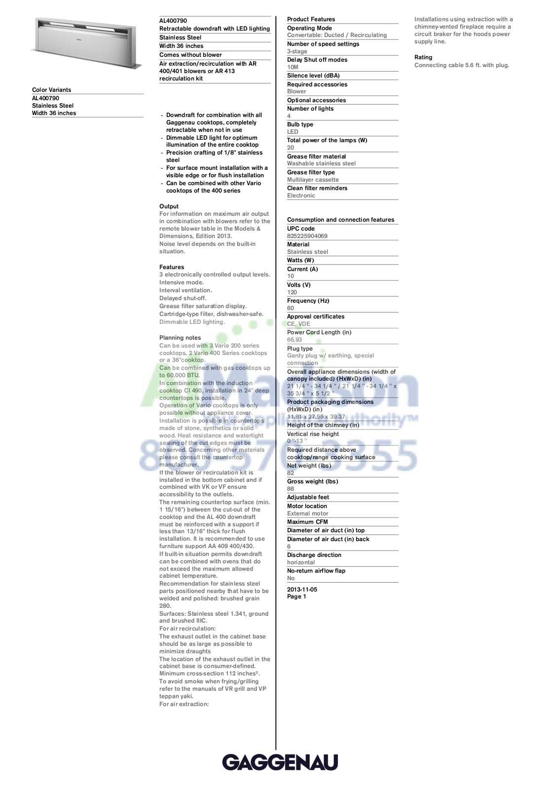 Gaggenau AL400721 Specs