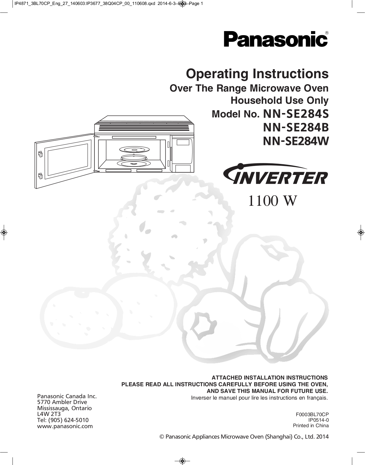 Panasonic NN-SE284S, NN-SE284W, NN-SE284B User Manual