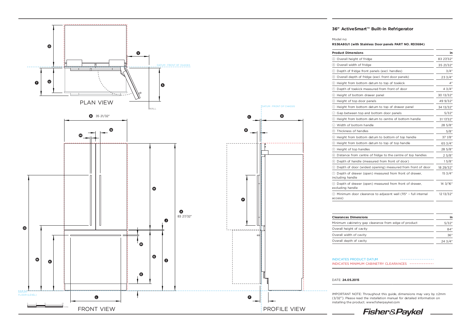 Fisher Paykel RS36A80J1 Data Sheet