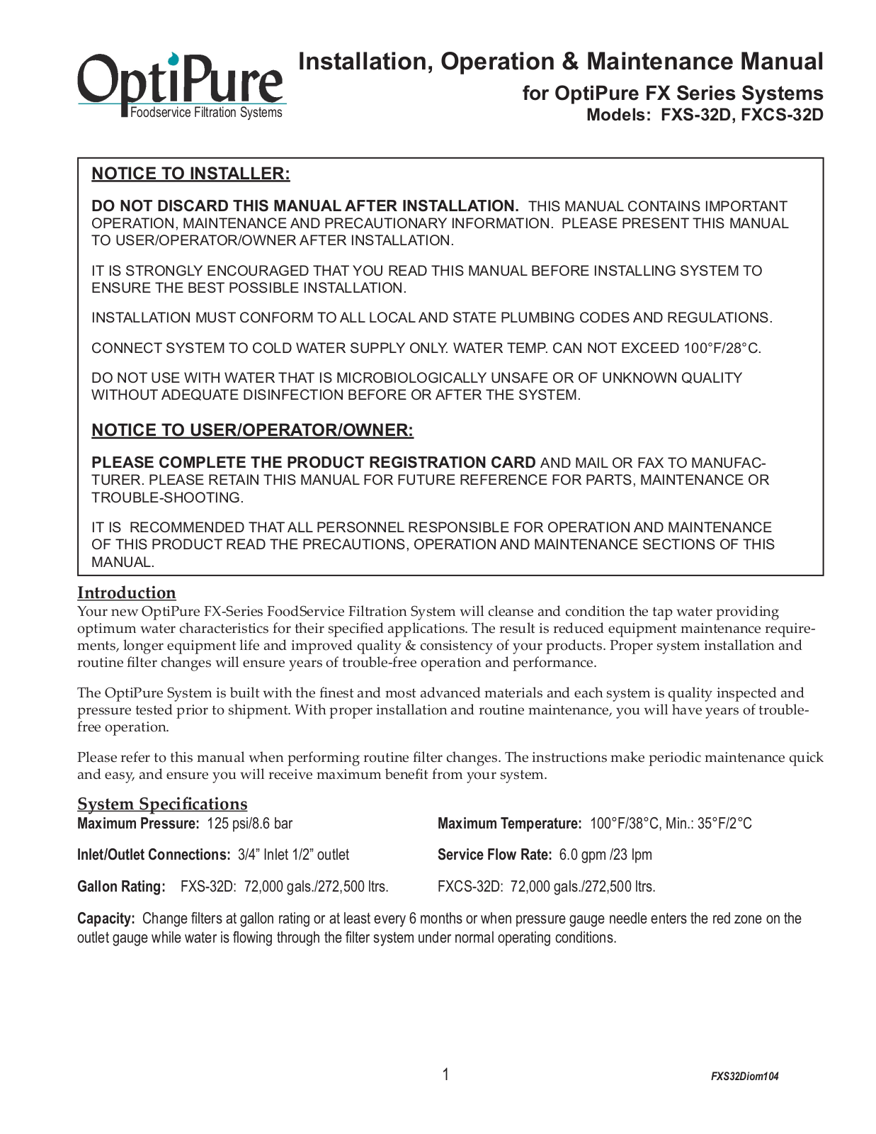 OptiPure FXCS-32D Installation  Manual