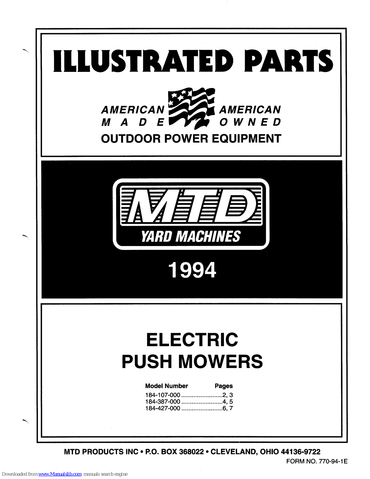 Yard Machines 184-107-000 (1994), 184-427-000 (1994), 184-387-000 (1994) Illustrated Parts List