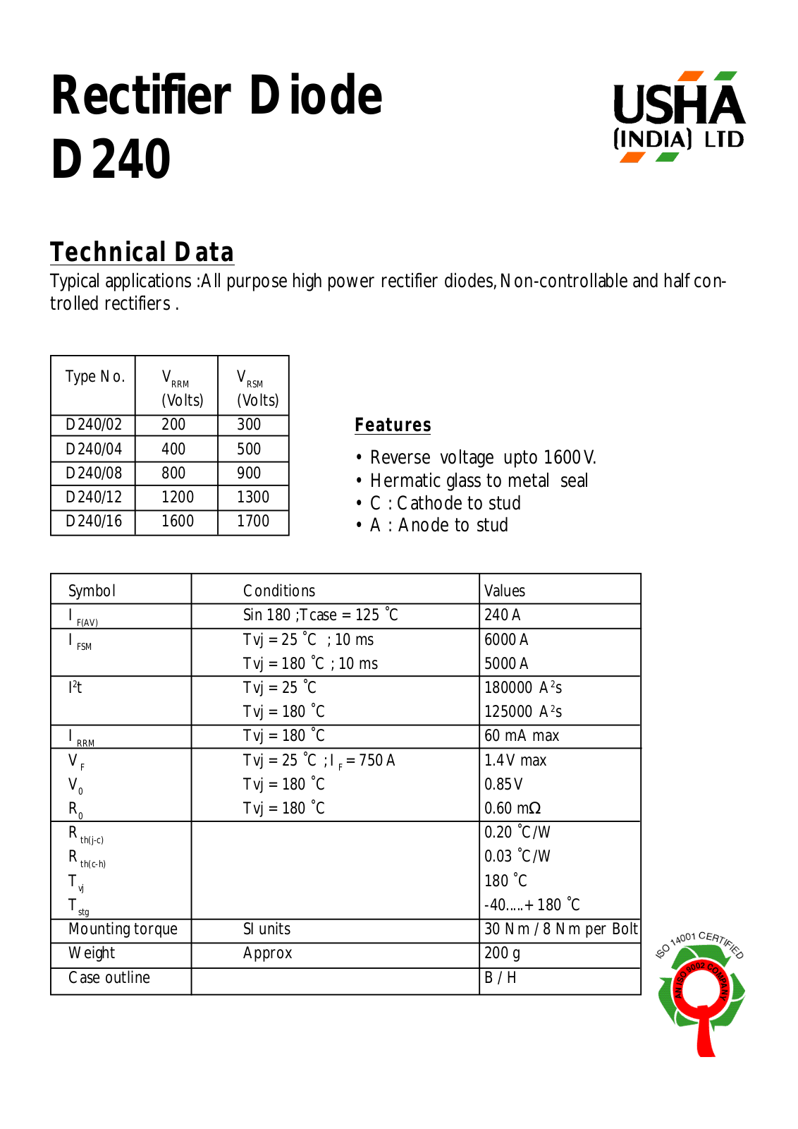 USHA D240-02, D240-16, D240-12, D240-08, D240-04 Datasheet