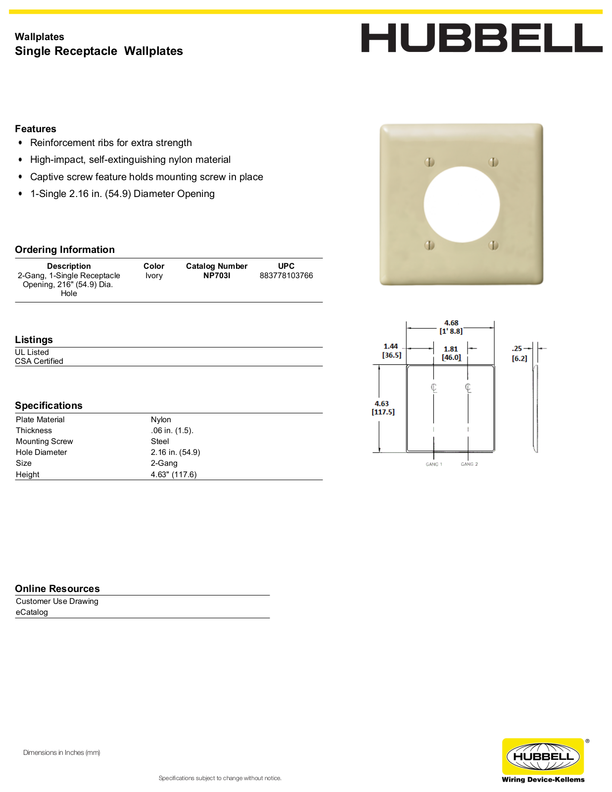 Hubbell NP703I Specifications